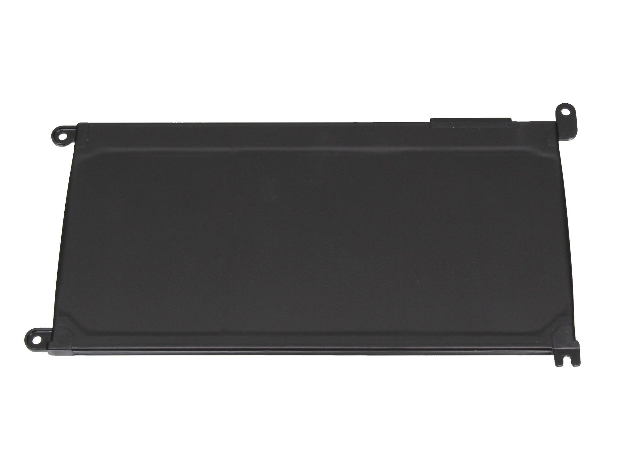 Schwarzer Laptop-Akku mit rechteckiger Form, sichtbaren Befestigungslöchern und schwarzer Oberfläche.