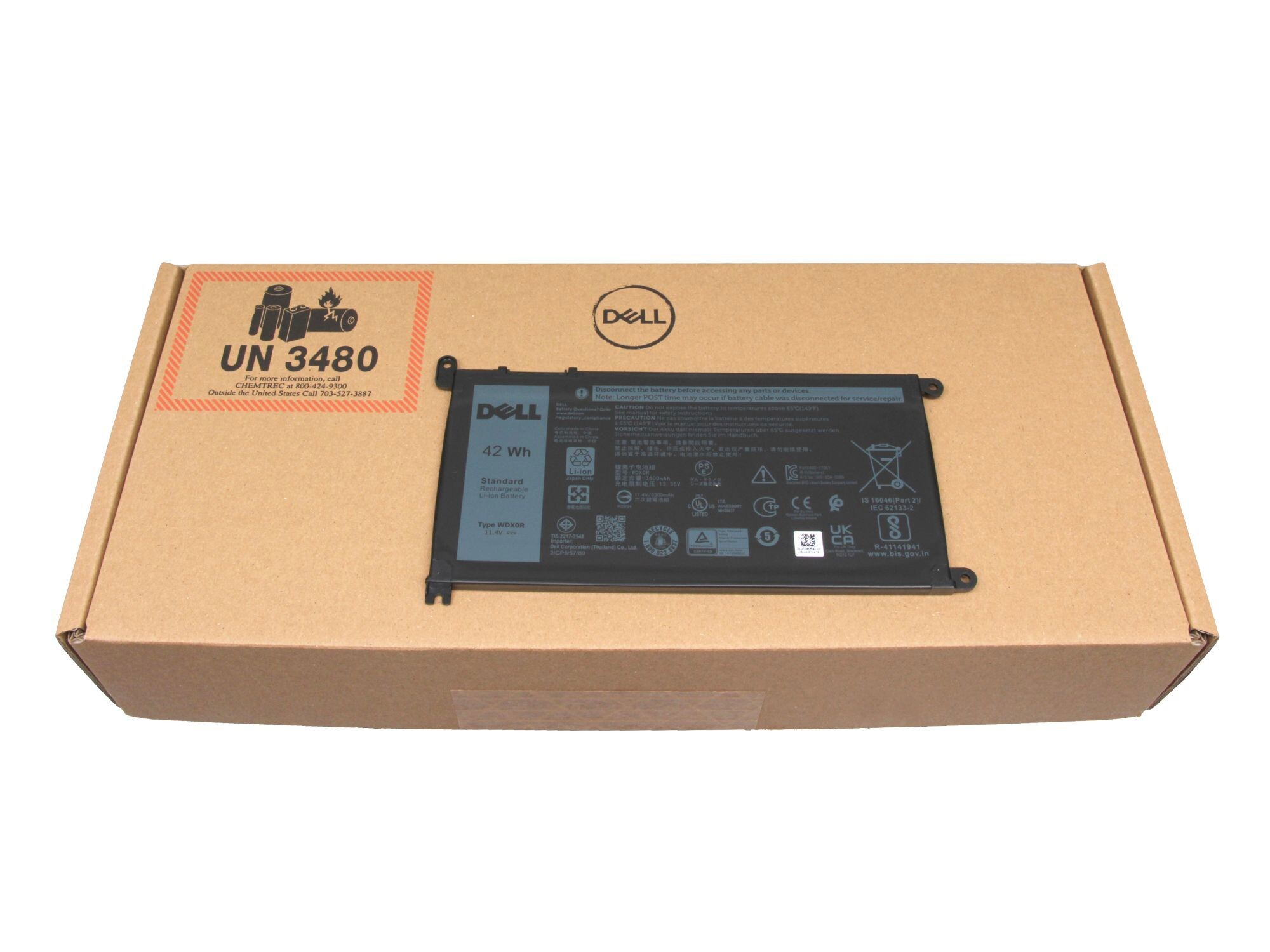 Laptop-Akku in einem Karton mit Gefahrenkennzeichen.