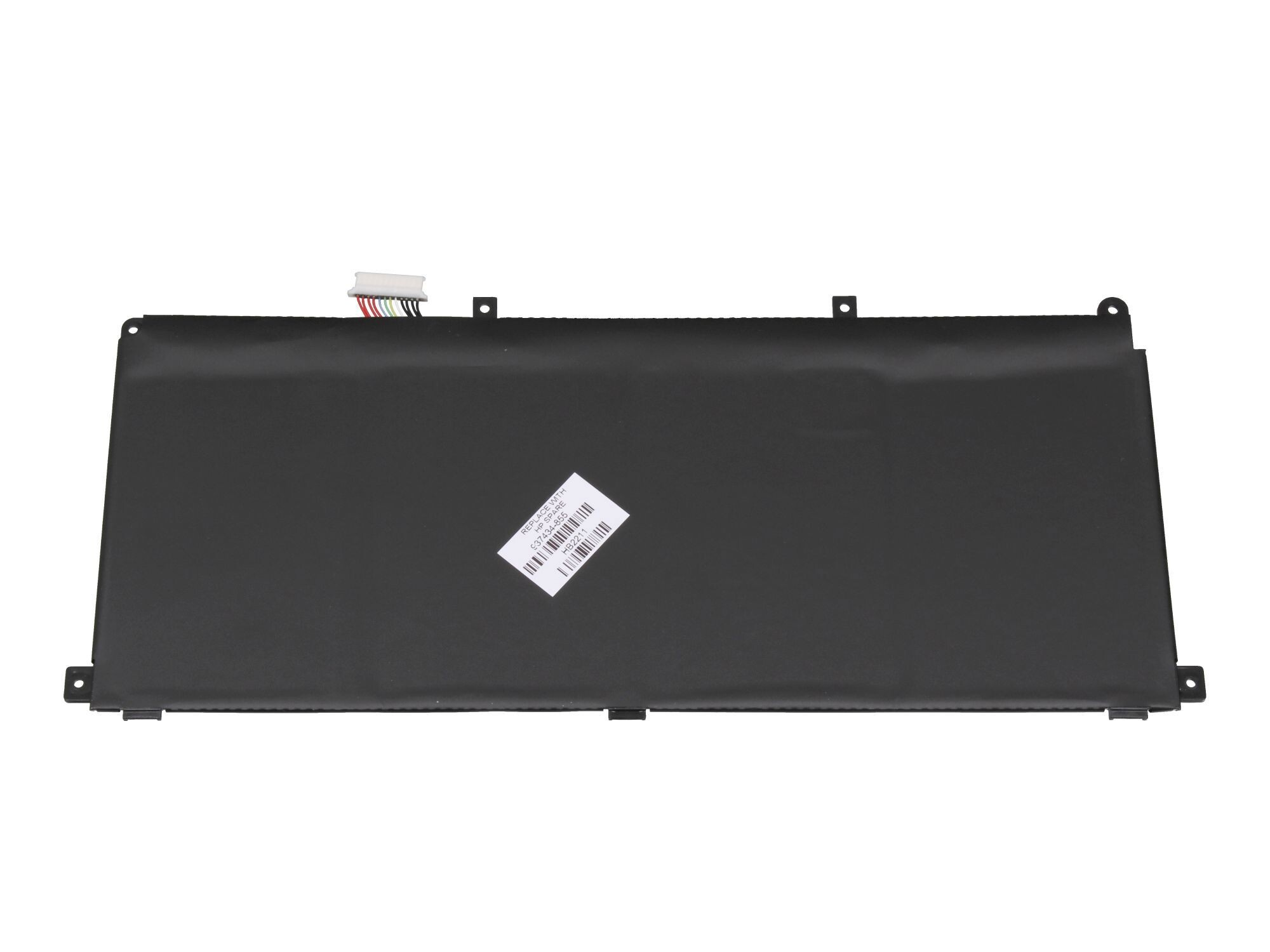 Schwarzer Laptop-Akku mit weißem Etikett und Stecker. Der Akku ist rechteckig und schwarz.