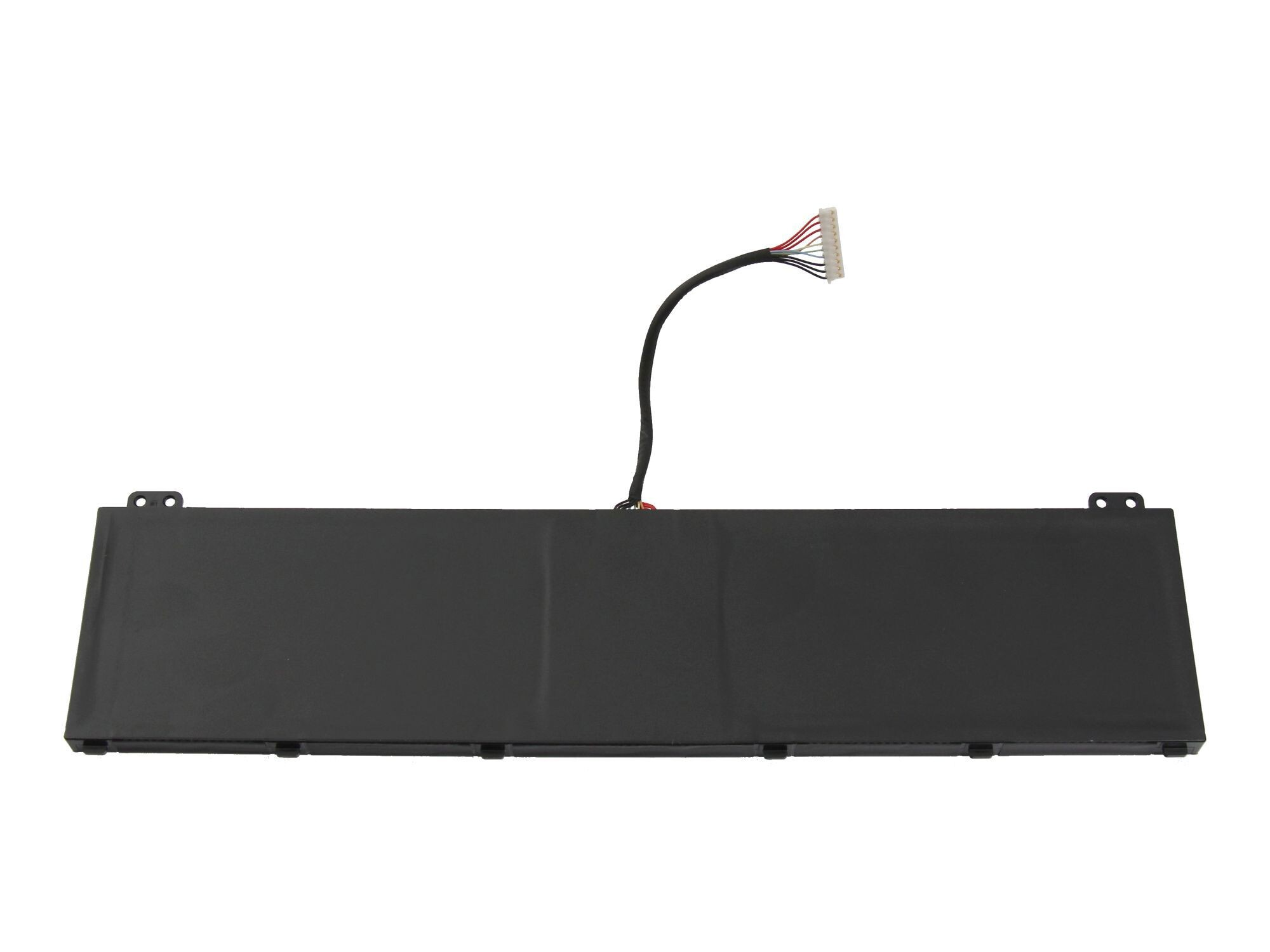 Ein schwarzer Laptop-Akku mit einem Kabel. Der Akku ist rechteckig mit einem Anschluss an einem Ende.