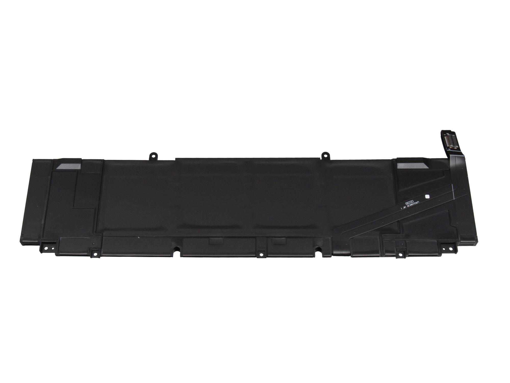 Schwarzer Laptop-Akku. Weißer Hintergrund. Die Batterie hat Anschlüsse und ein Etikett.