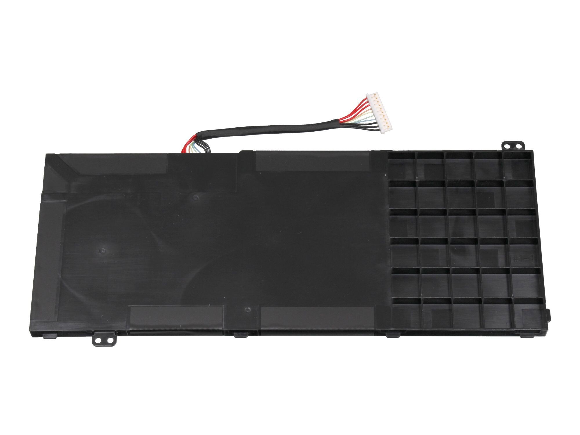 Ein schwarzer Laptop-Akku mit angeschlossenen Drähten auf weißer Oberfläche.