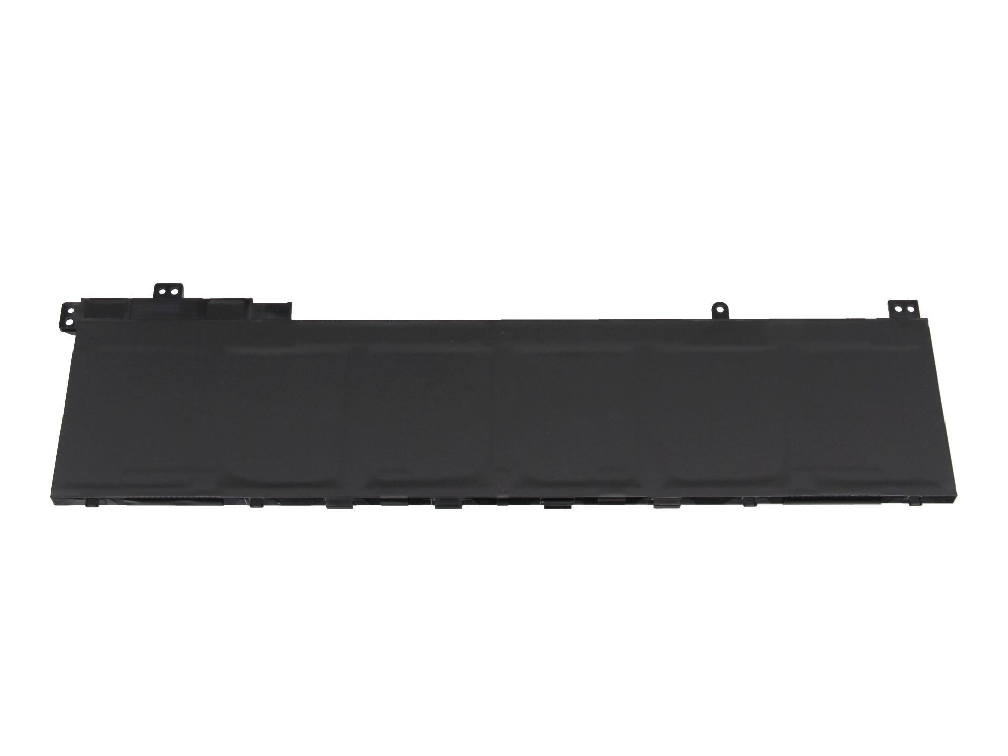Ein schwarzer, rechteckiger Laptop-Akku. Es ist ein flaches, schwarzes, rechteckiges elektronisches Bauteil.