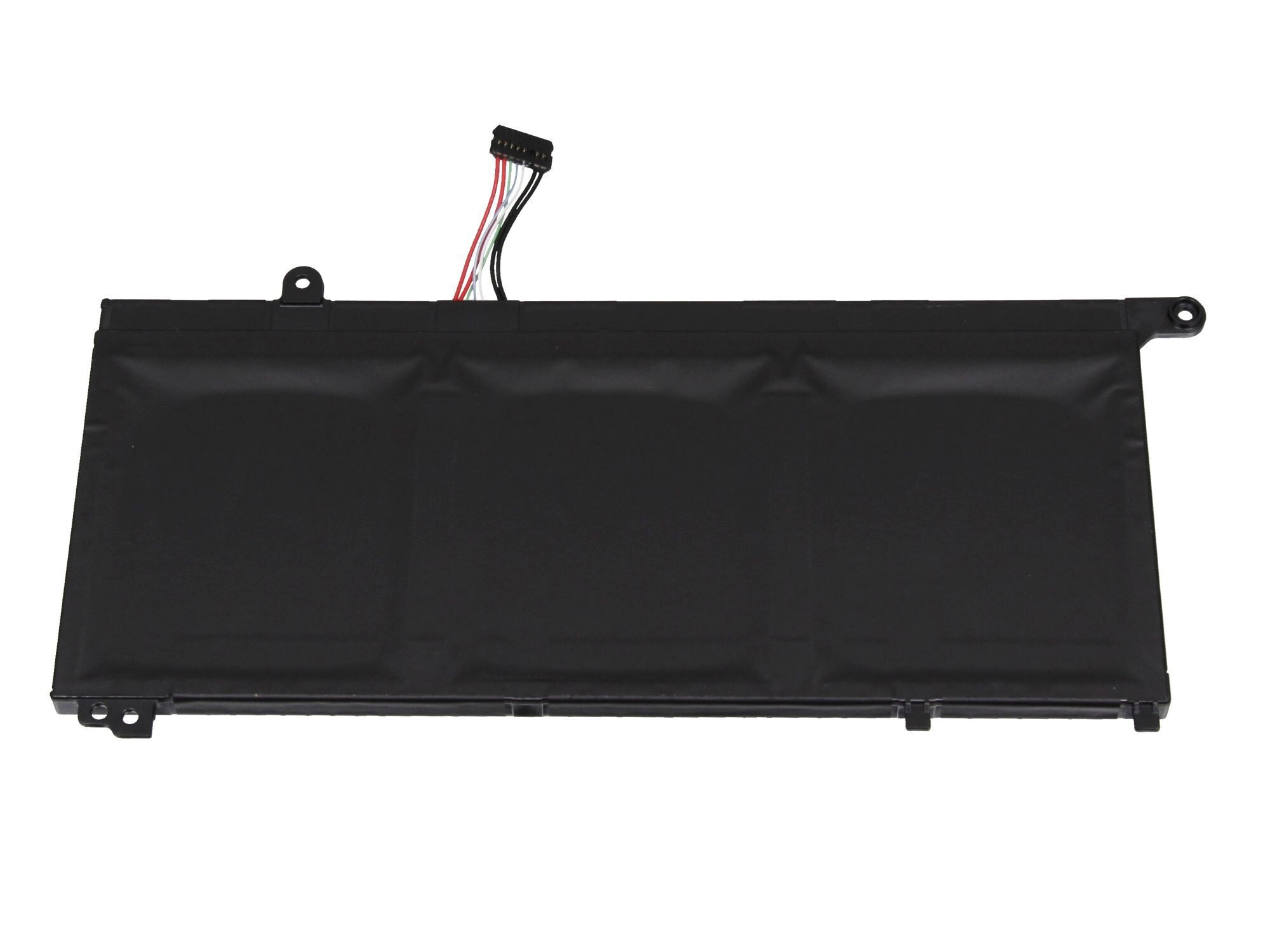 Schwarzer Laptop-Akku mit Stecker. Auf weißem Hintergrund.