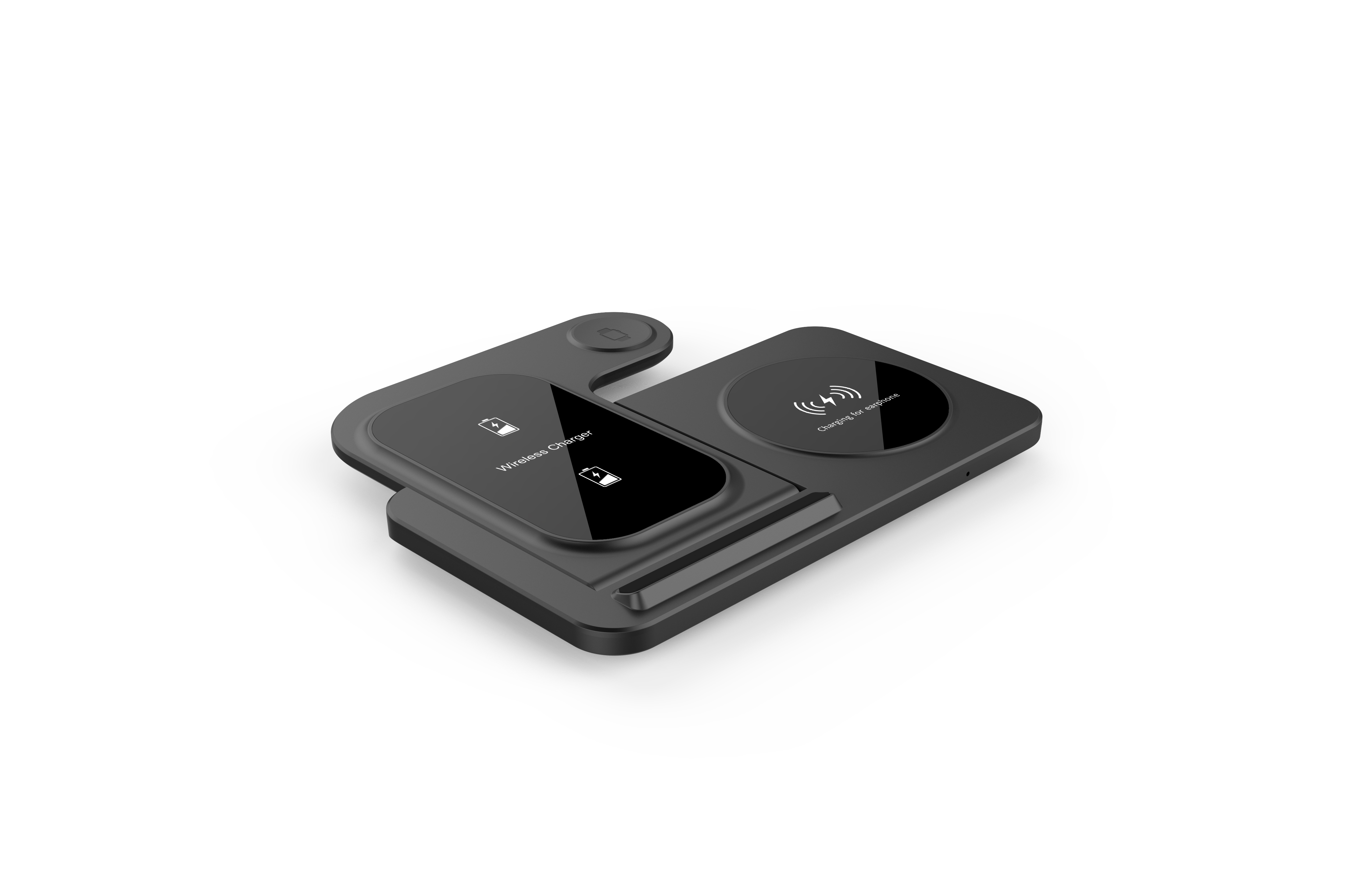 Ein schwarzes kabelloses Ladegerät mit mehreren Ladeflächen. Ein Telefon- und Ohrhörer-Ladebereich ist sichtbar.