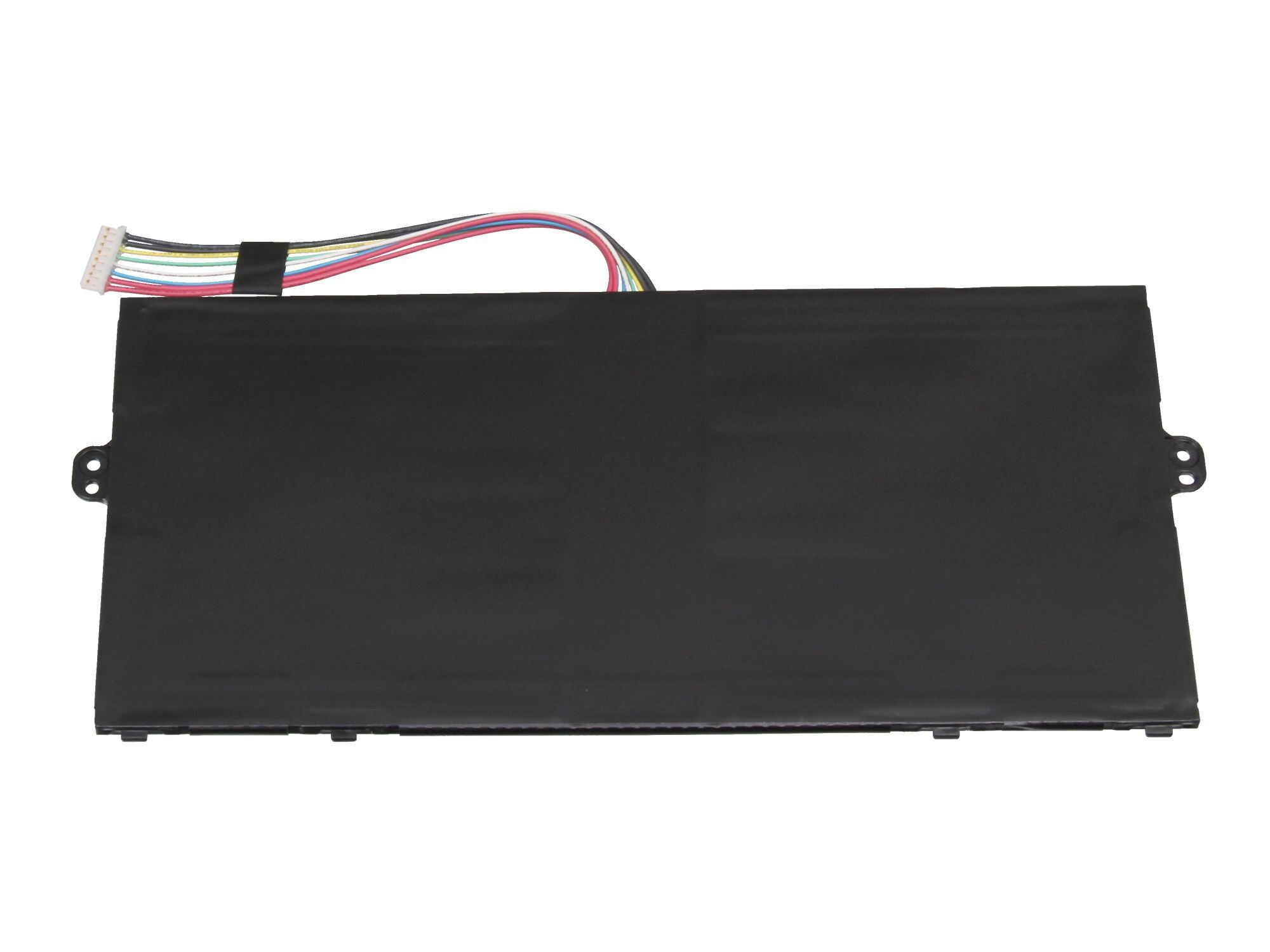 Schwarzer Laptop-Akku mit Kabeln und Stecker vor weißem Hintergrund.