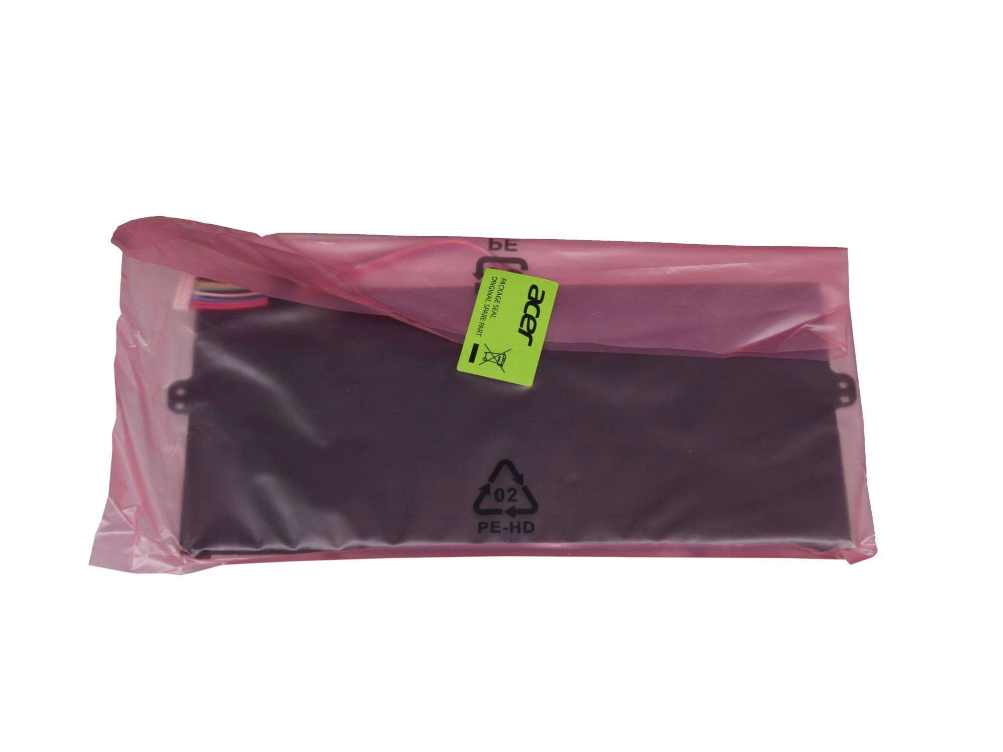 Schwarzes elektronisches Bauteil in einer rosa Plastiktüte mit einem Acer-Aufkleber.