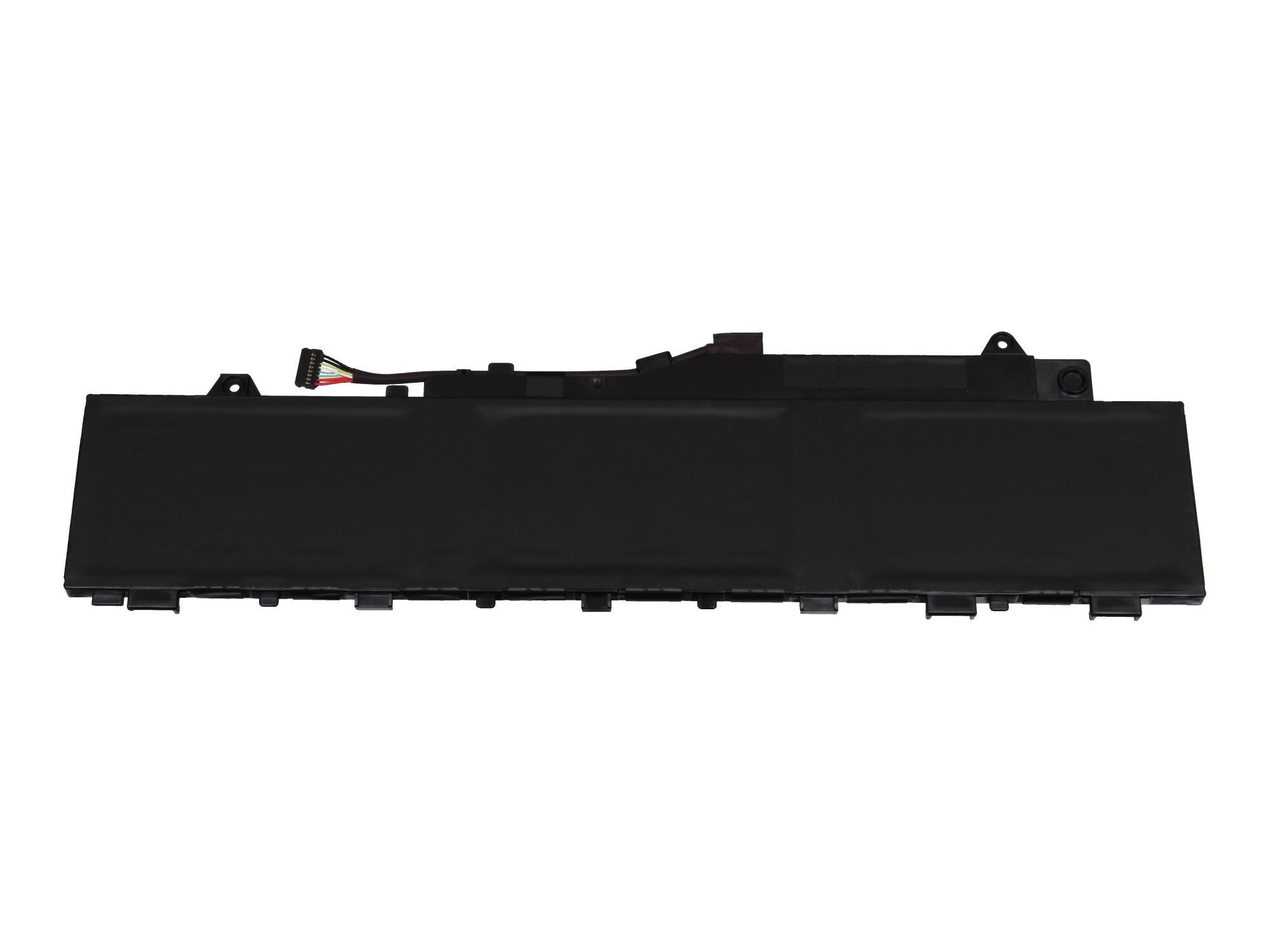 Schwarzer Laptop-Akku, rechteckig, mit Stecker und Verkabelung.