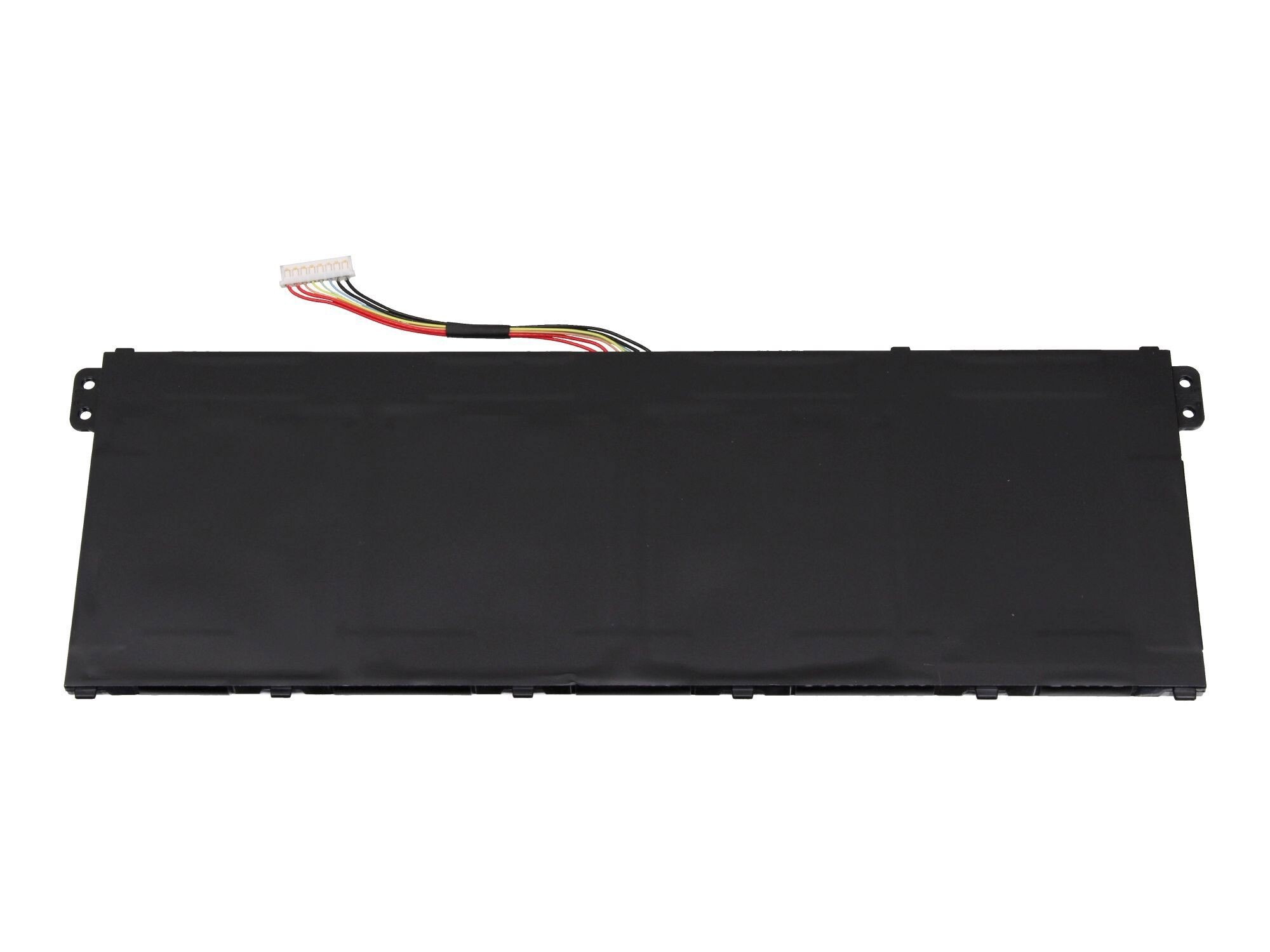 Ein schwarzer Laptop-Akku mit einem Drahtanschluss oben und vielen Anschlusspunkten.