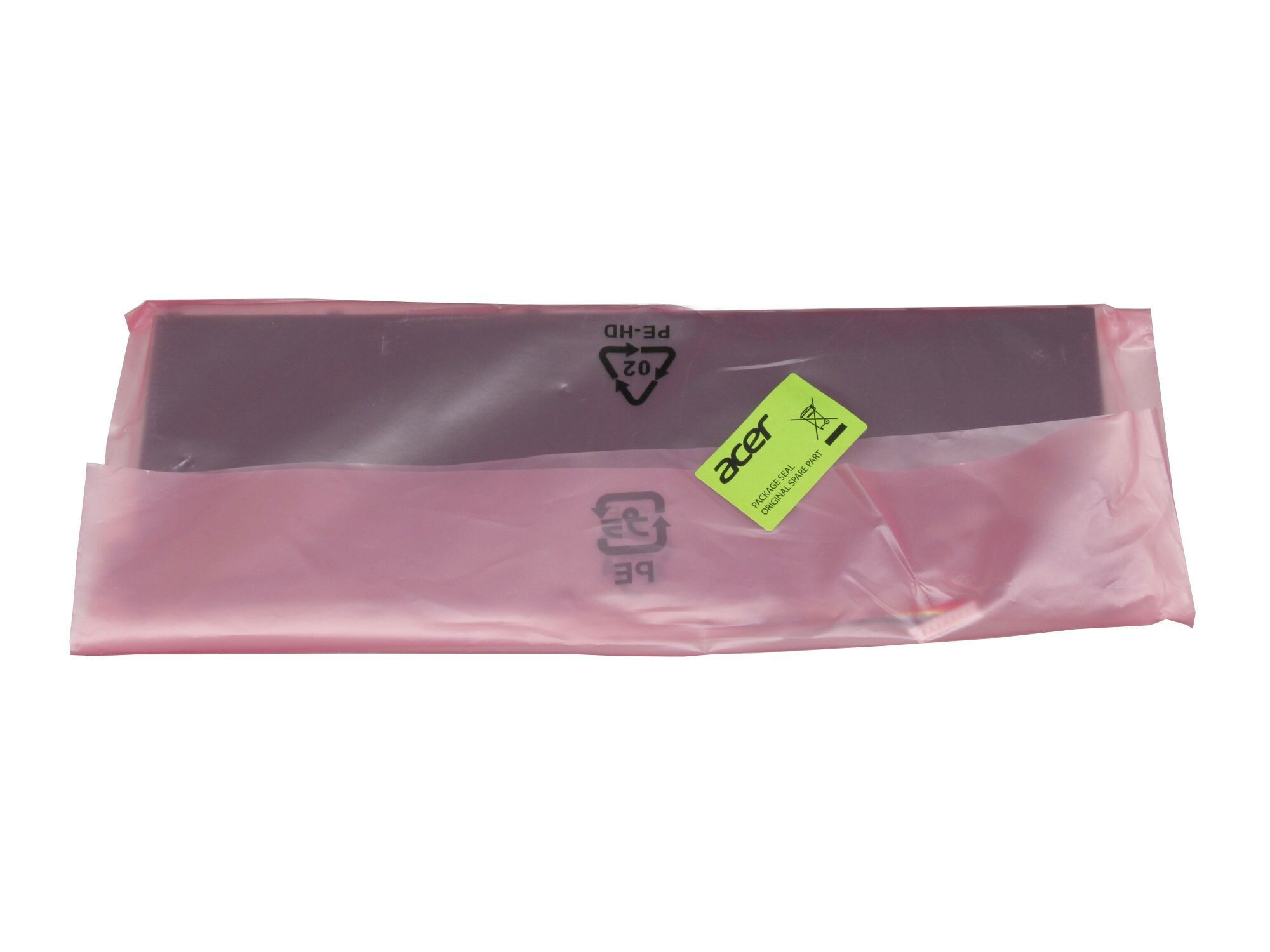 Laptop-Bildschirm in rosa Plastiktüte mit Acer-Aufkleber.