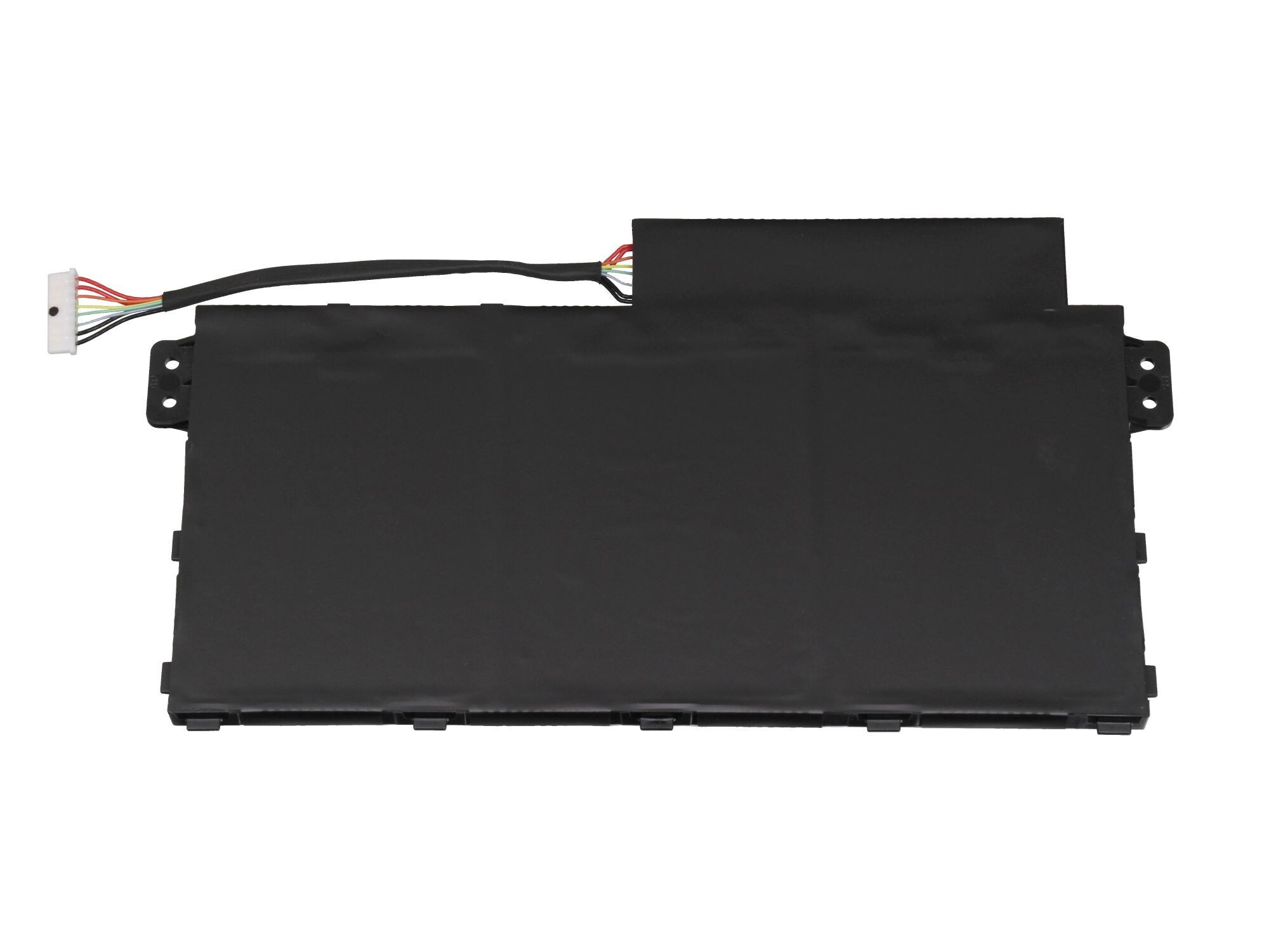 Schwarzer Laptop-Akku mit Anschlusskabel. Rechteckige Form, mit Befestigungspunkten und weißem Stecker.