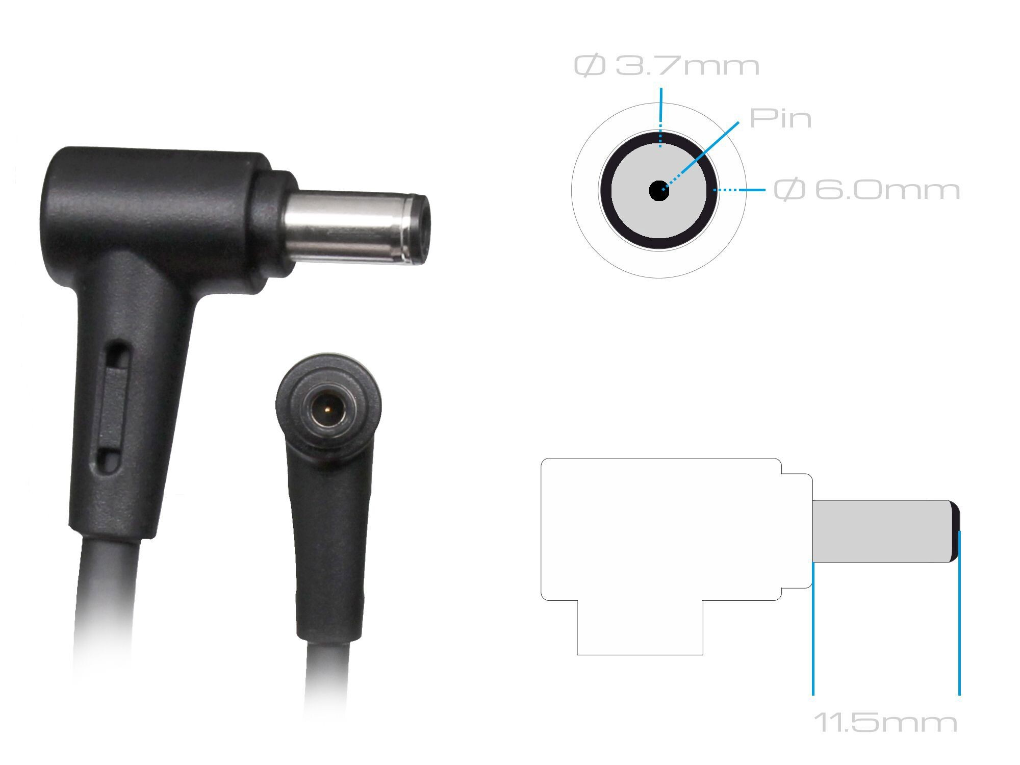 Zwei schwarze Netzteilstecker, einer abgewinkelt, und eine Messzeichnung.