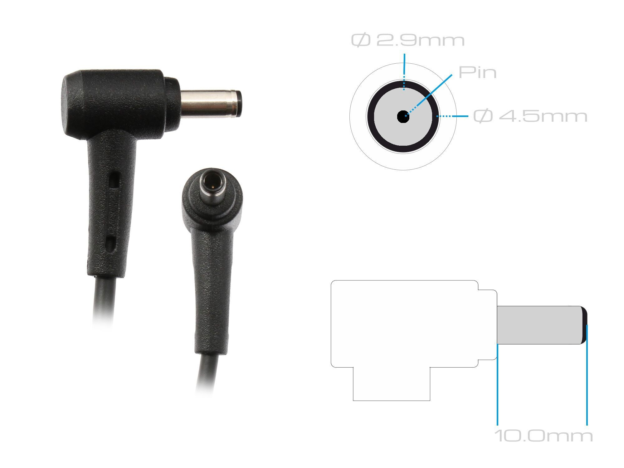 Zwei schwarze Stromadapterstecker vor weißem Hintergrund. Einer ist abgewinkelt, der andere gerade.