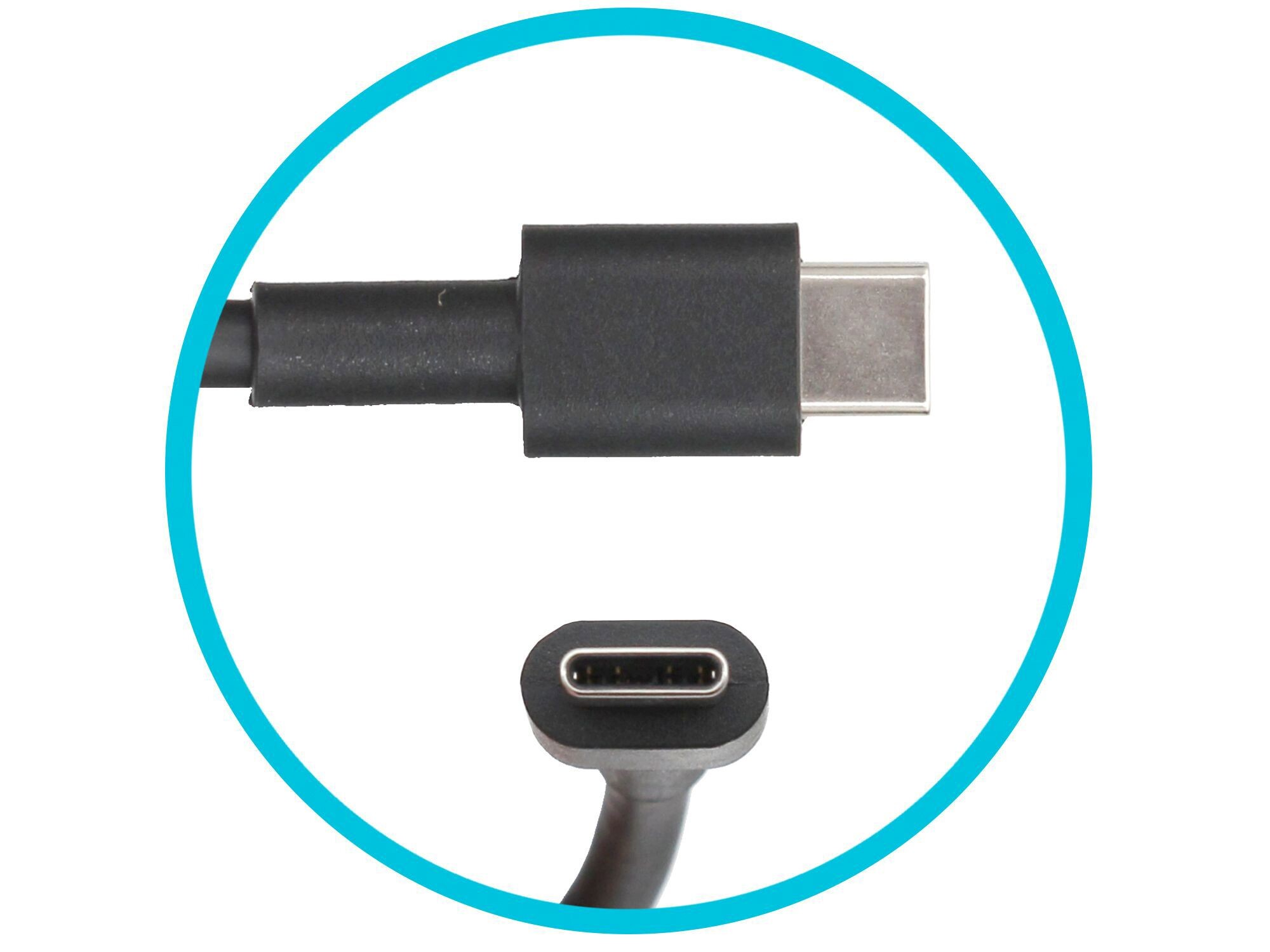 USB-C-Kabel mit schwarzem Stecker und silberfarbenem Ende, Seitenansicht in blauem Kreis.