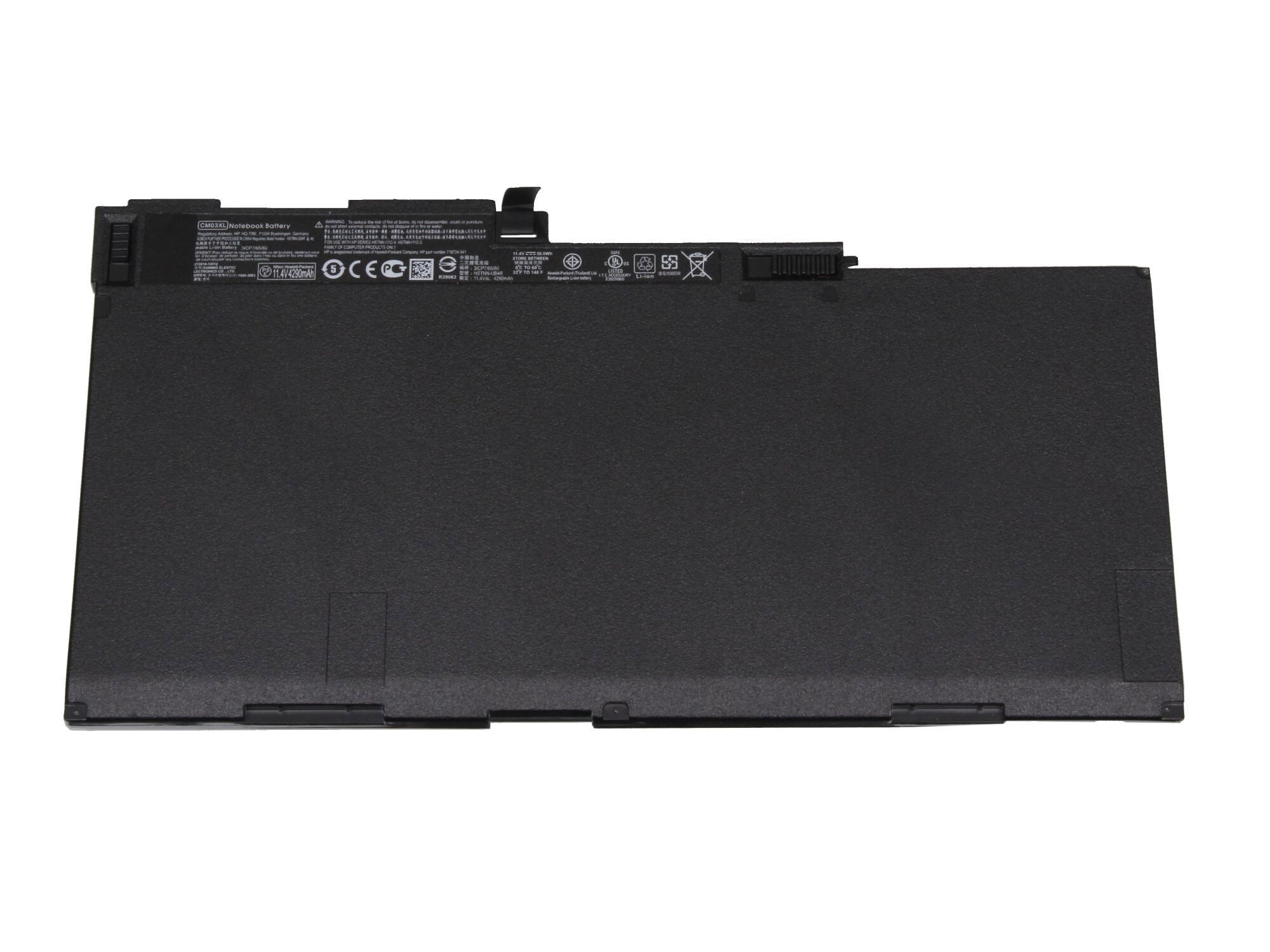 Schwarzer Laptop-Akku mit Etiketten, Anschlüssen und Gehäuse.