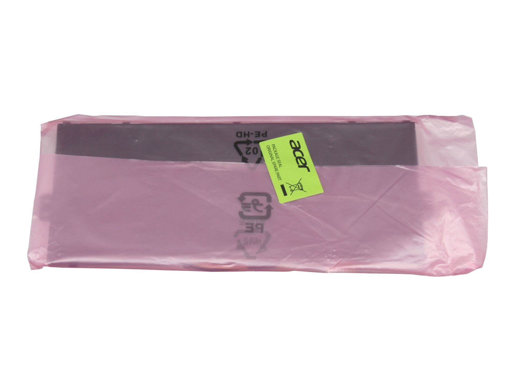 Laptop-Komponente in rosa Kunststoff verpackt. Grünes Etikett angebracht. Weißer Hintergrund.