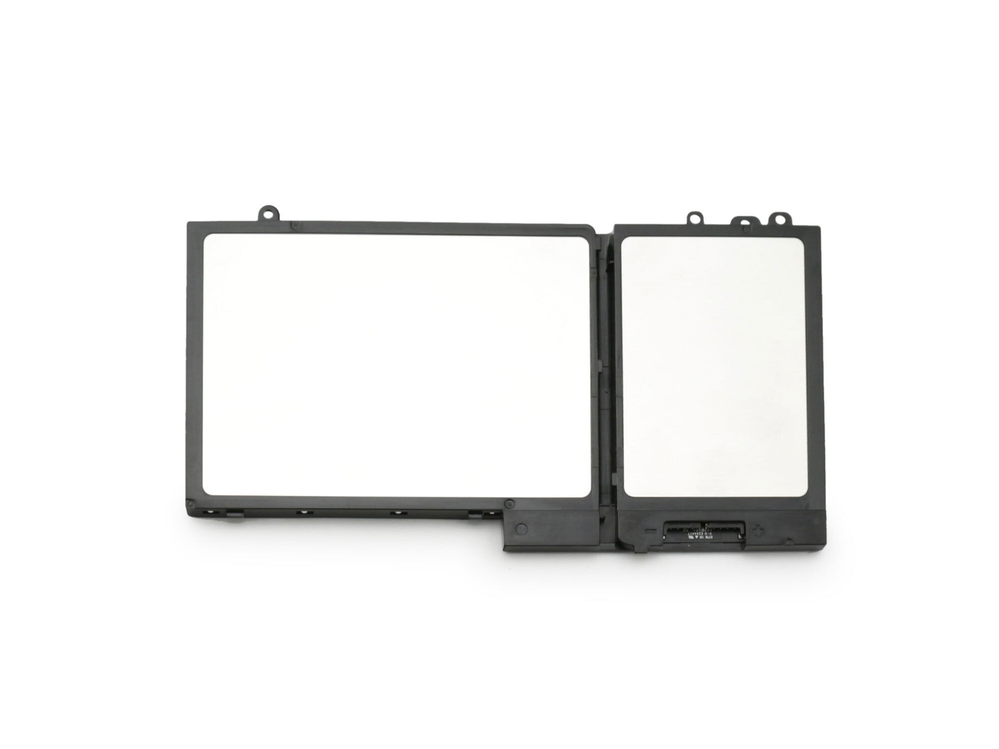 Zwei Laptop-Akkus auf weißem Hintergrund. Sie sind rechteckig und haben silberne Rahmen.