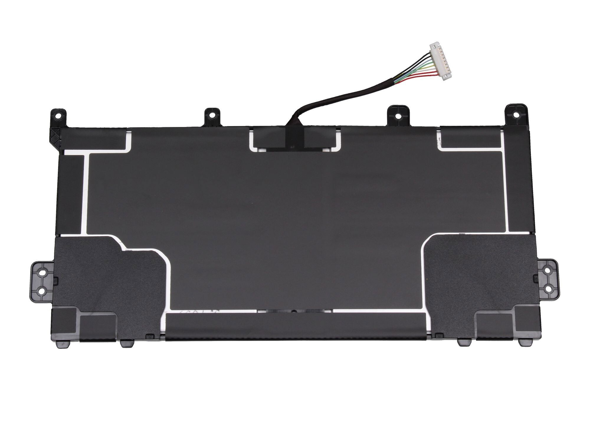 Schwarzer Laptop-Akku. Rechteckig, mit schwarzen und weißen Details, Drahtanschluss.