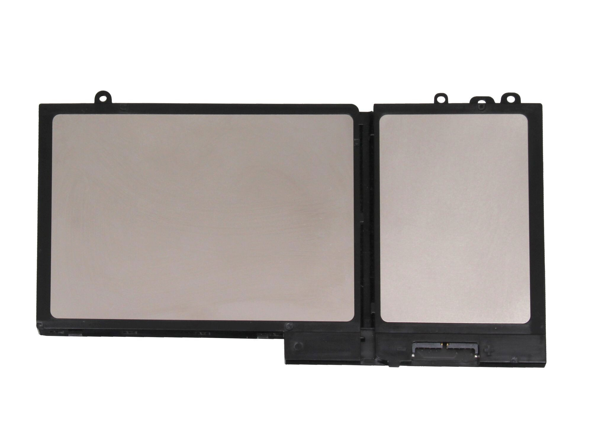 Eine Laptop-Batterie mit zwei silbernen Platten, einem Stecker und schwarzem Gehäuse.