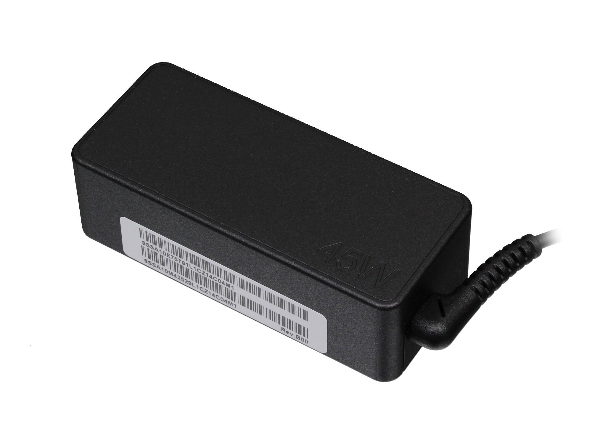 Schwarzes 45W-Laptop-Ladegerät mit Etikett und Netzkabel. Das Kabel hat einen geformten Stecker.