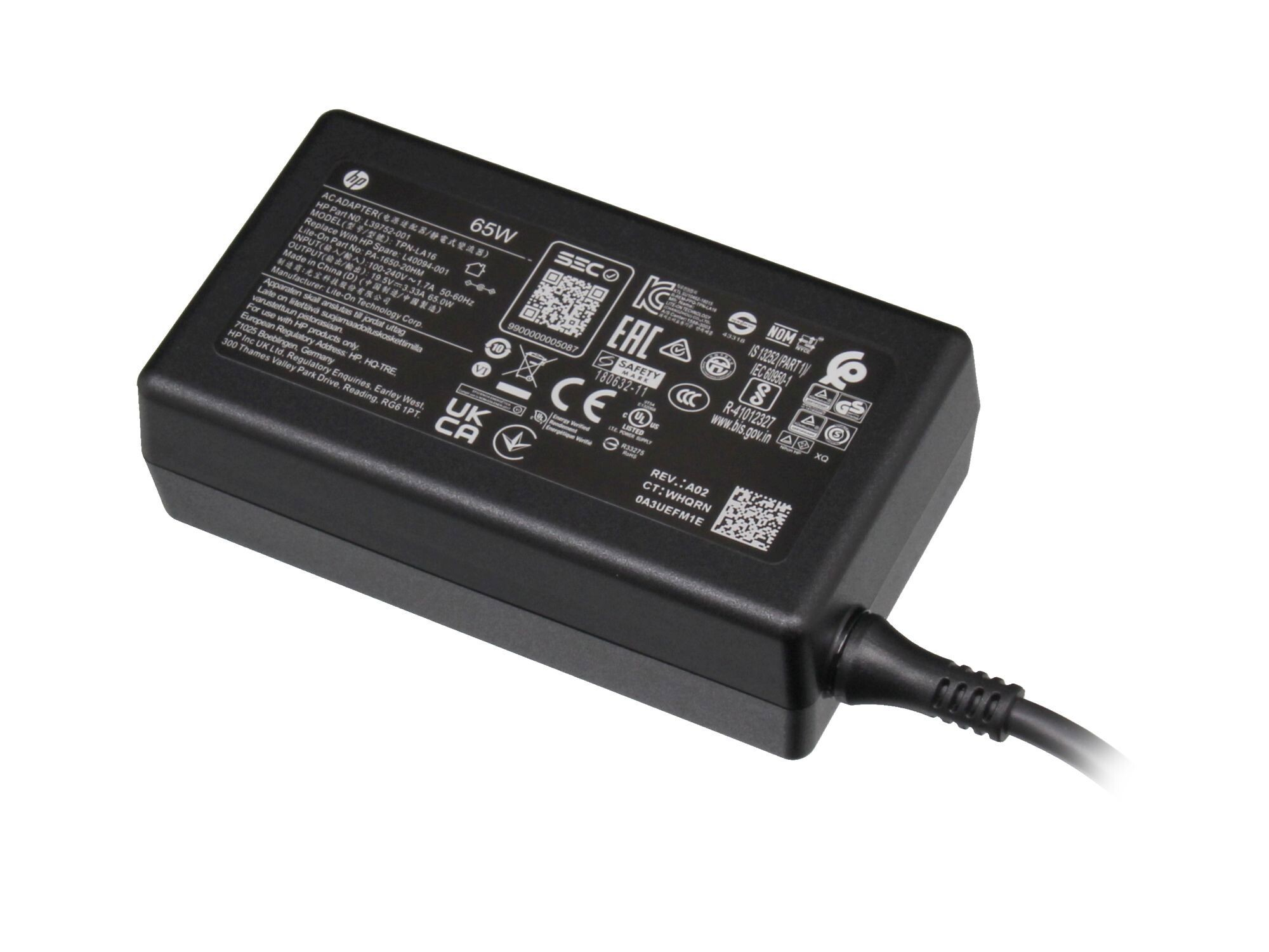 Schwarzes HP-Laptop-Ladegerät mit Stecker und Kabel.