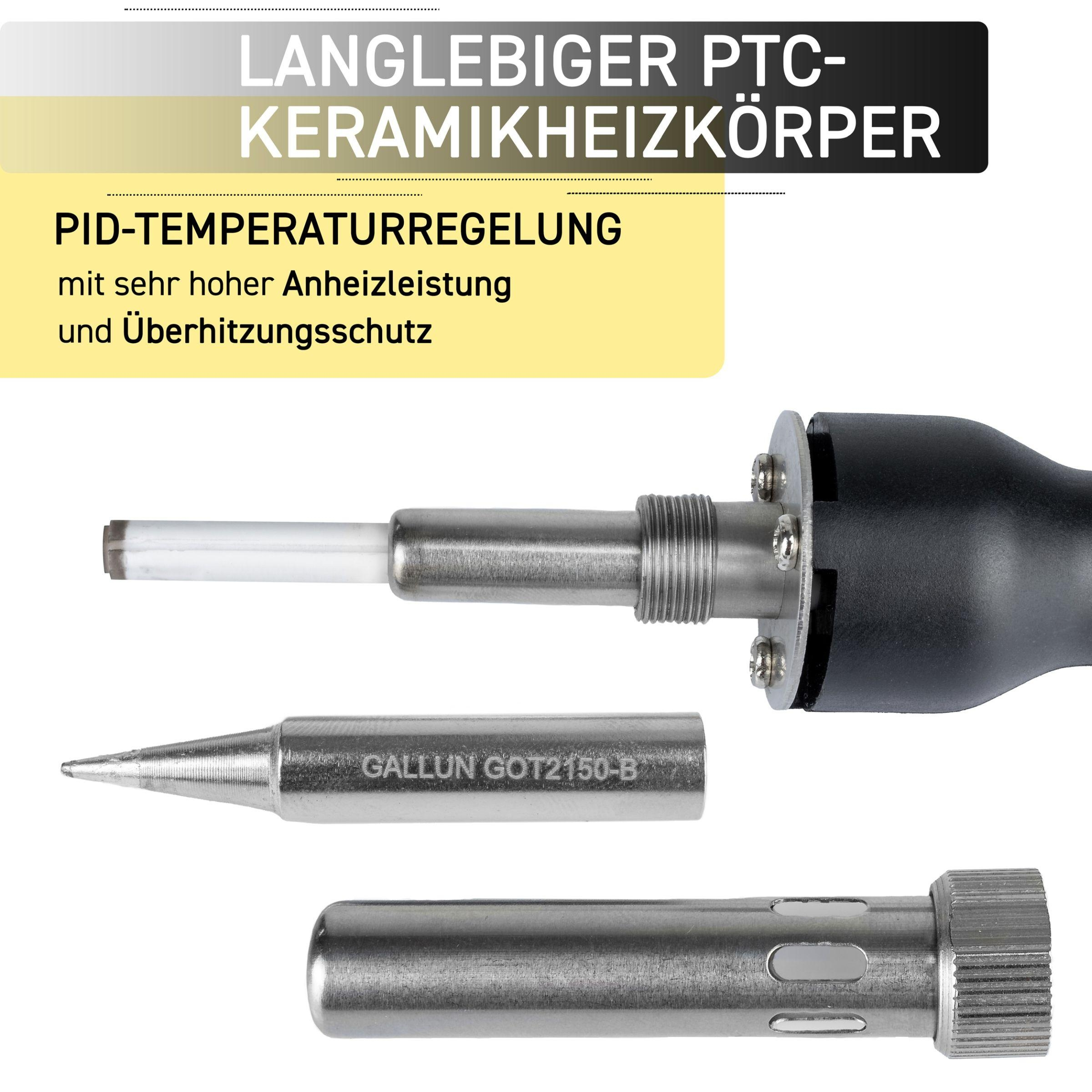 Lötkolben-Teile: Spitze, Heizelement und Griff, mit Textüberlagerung.