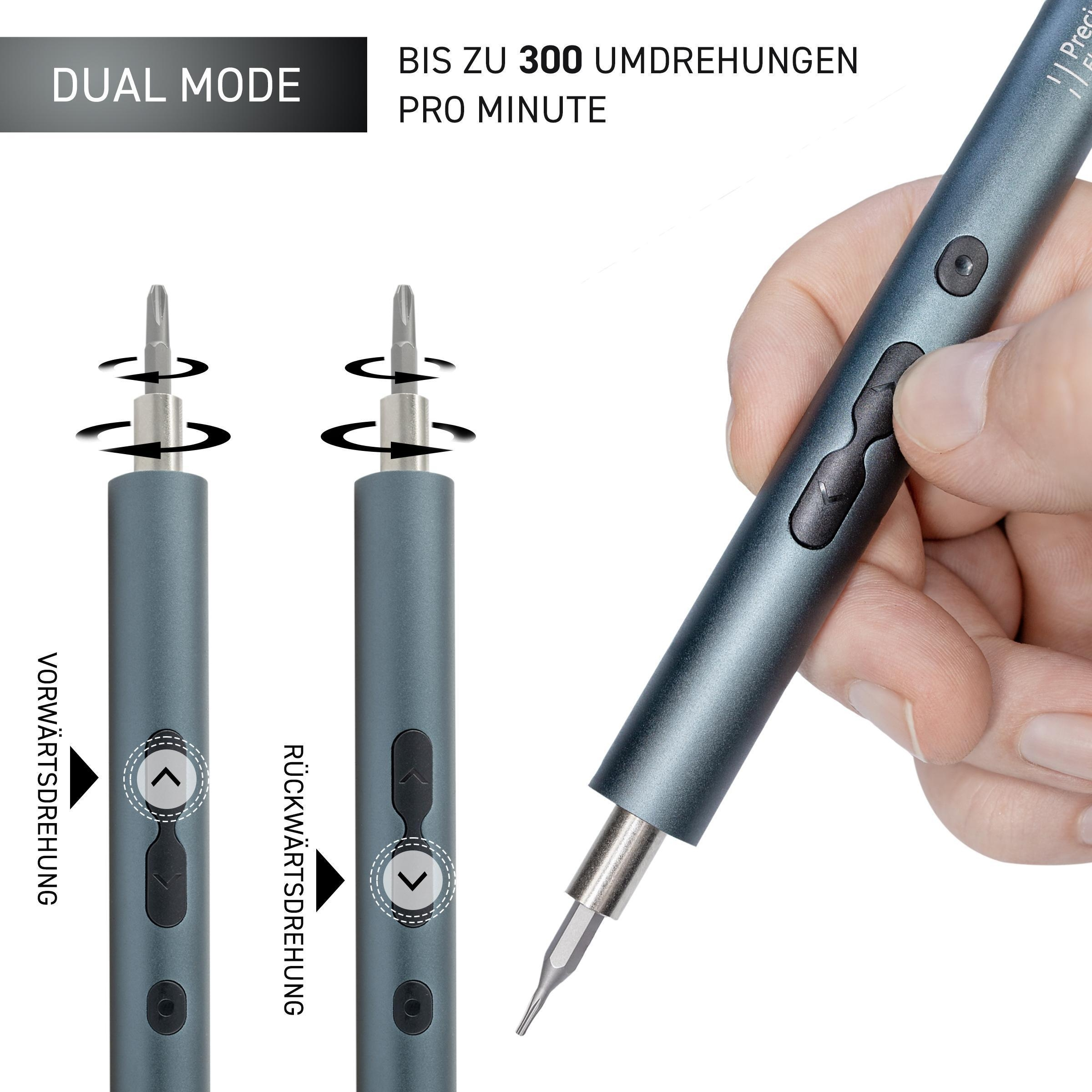 Ein grauer Elektroschrauber mit Pfeilindikatoren und Text.