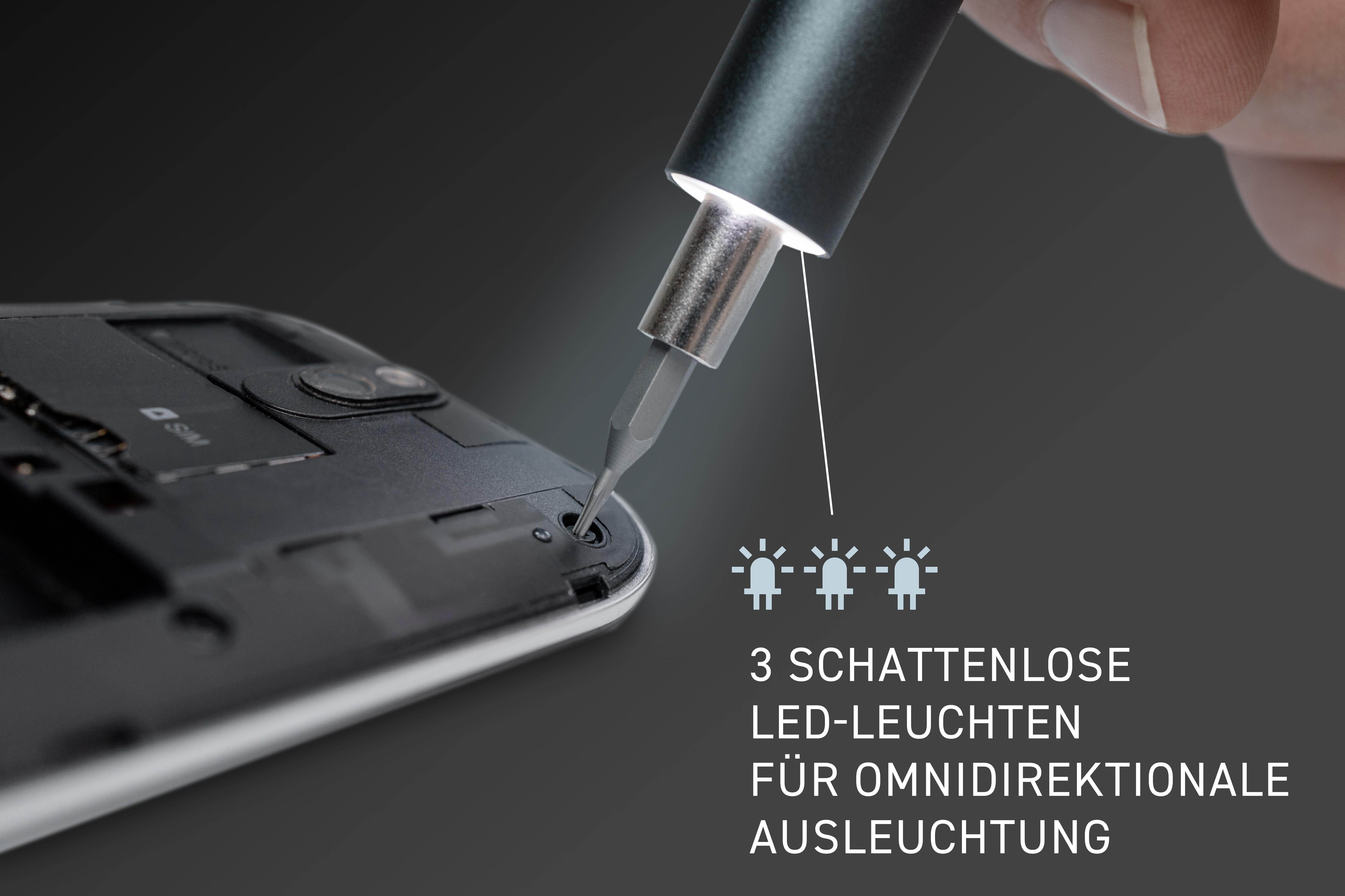 Schraubendreher mit Licht am Telefon, Text über schattenlose LEDs.