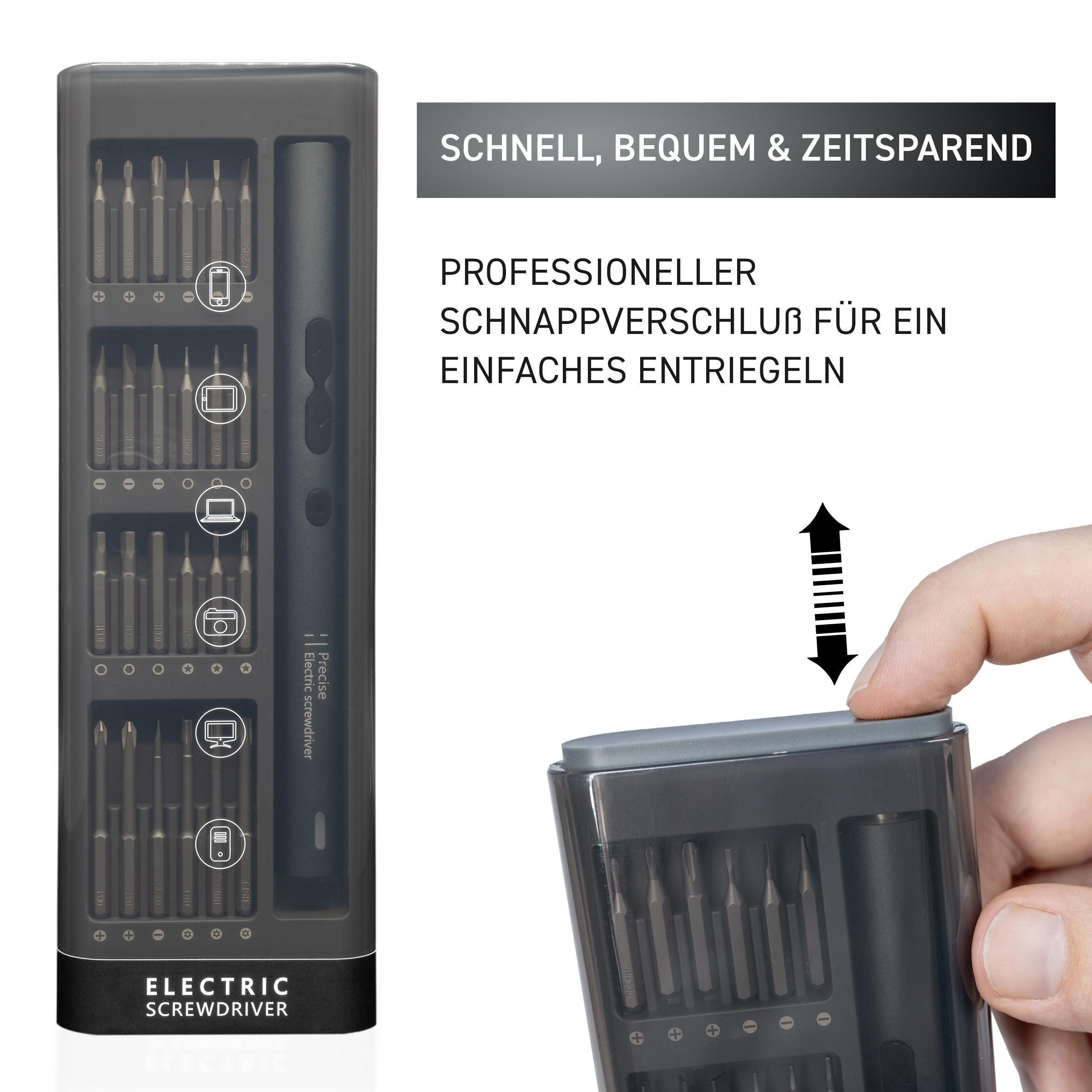 Elektrisches Schraubendreher-Set mit Bits in einem Gehäuse. Hand öffnet das Gehäuse.