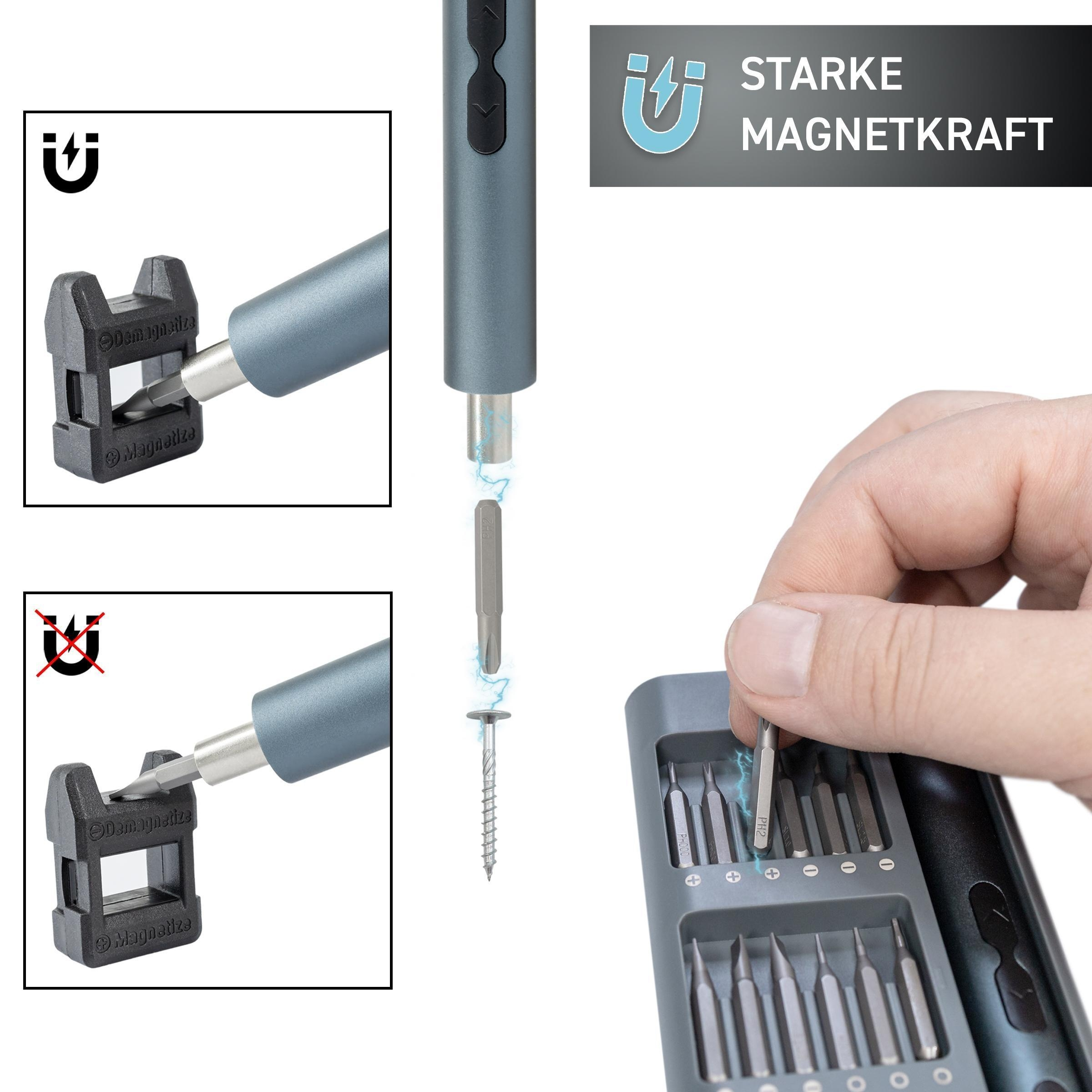 Schraubendreher-Set mit magnetischen Spitzen und einer Schraube. Weißer Hintergrund.