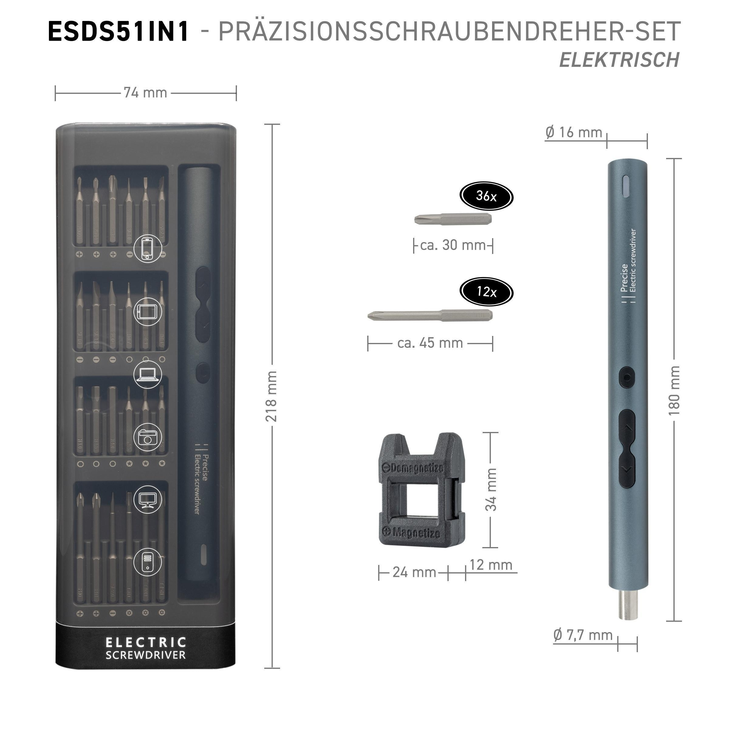 Ein Satz Präzisionsschraubendreher wird gezeigt, einschließlich der Bits und des Griffs, mit Abmessungen und Text.