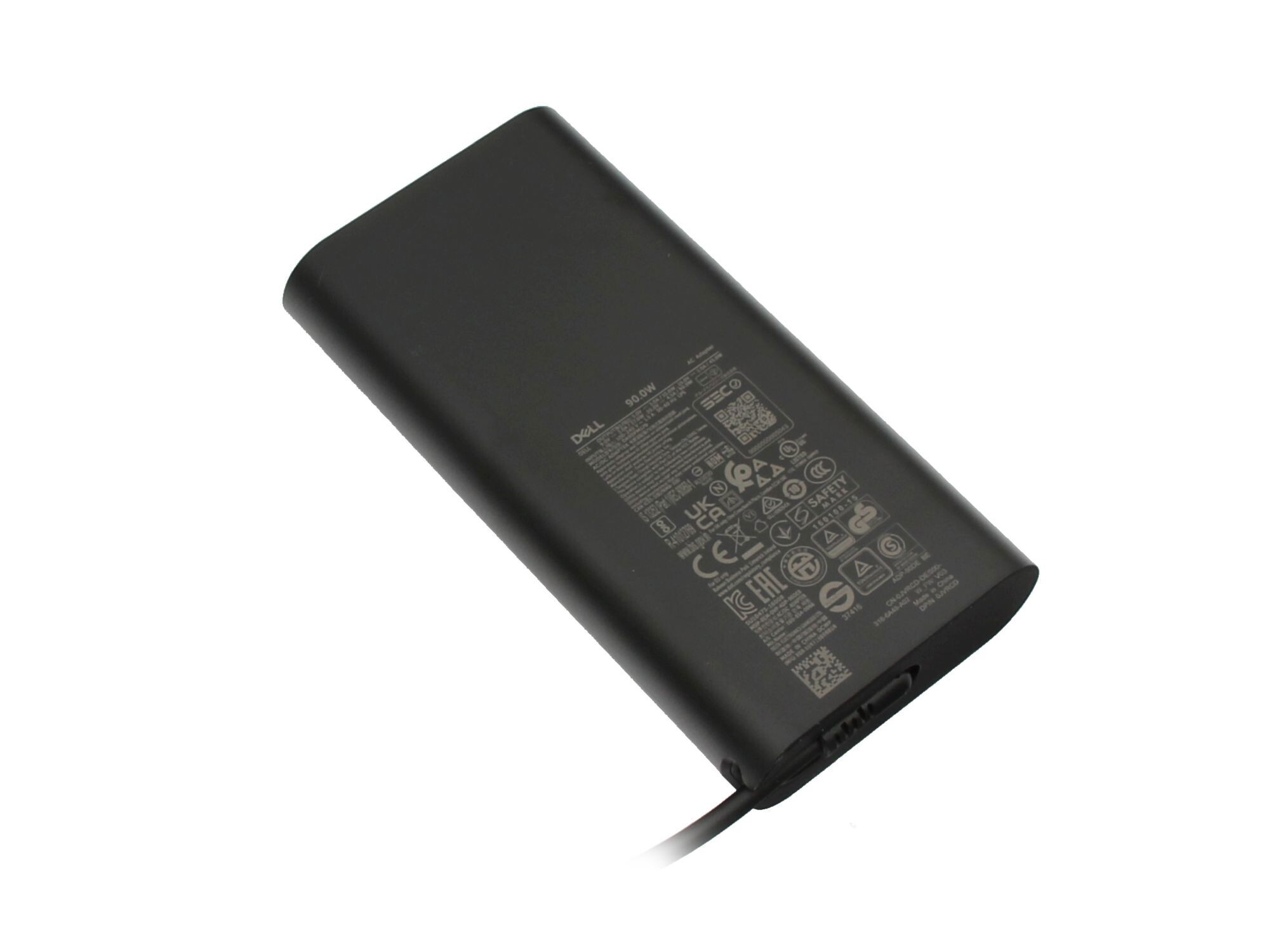 Schwarzer Dell-Netzadapter mit Etiketten.
