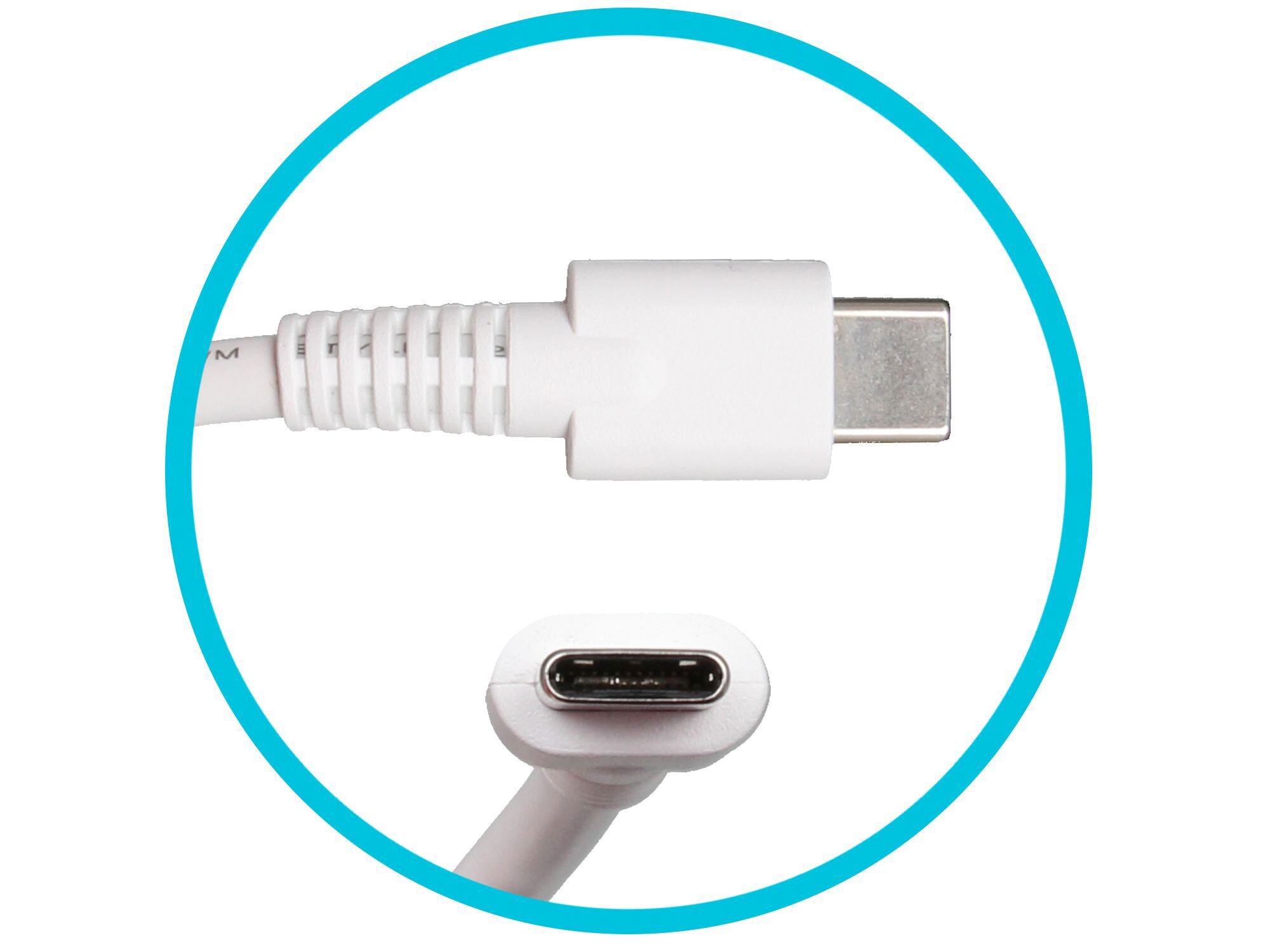 Weiße USB-C-Kabelanschlüsse, Nahaufnahme, blauer Kreis drumherum.
