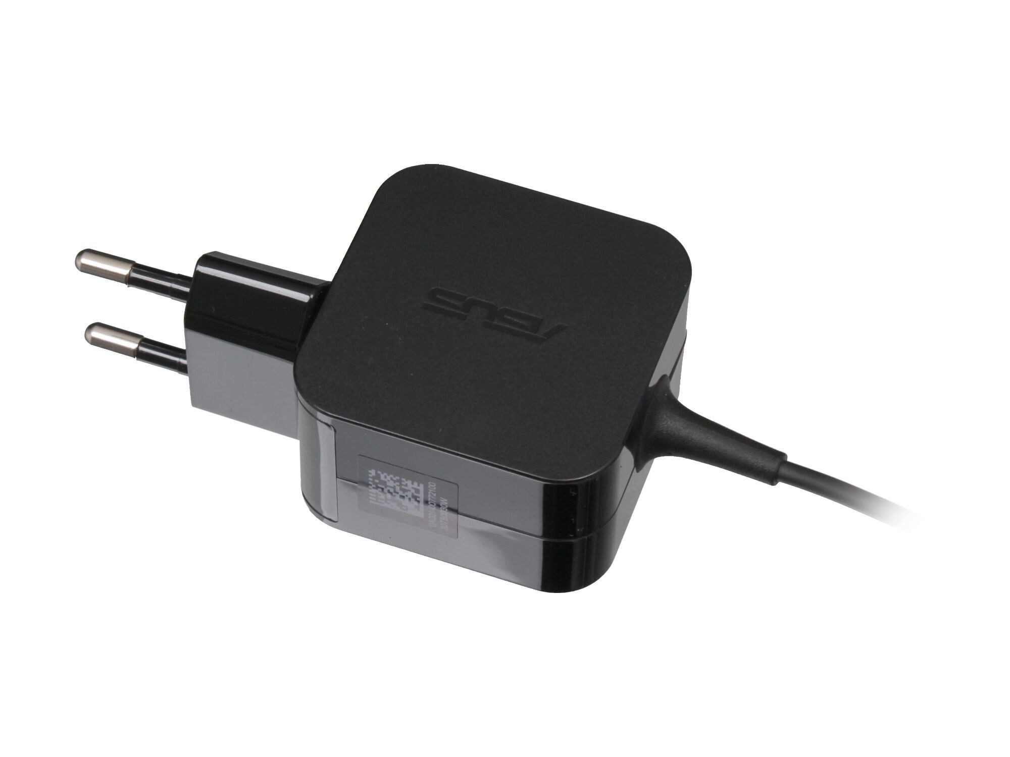 Schwarzes ASUS-Laptop-Ladegerät mit Stecker auf weißem Hintergrund.