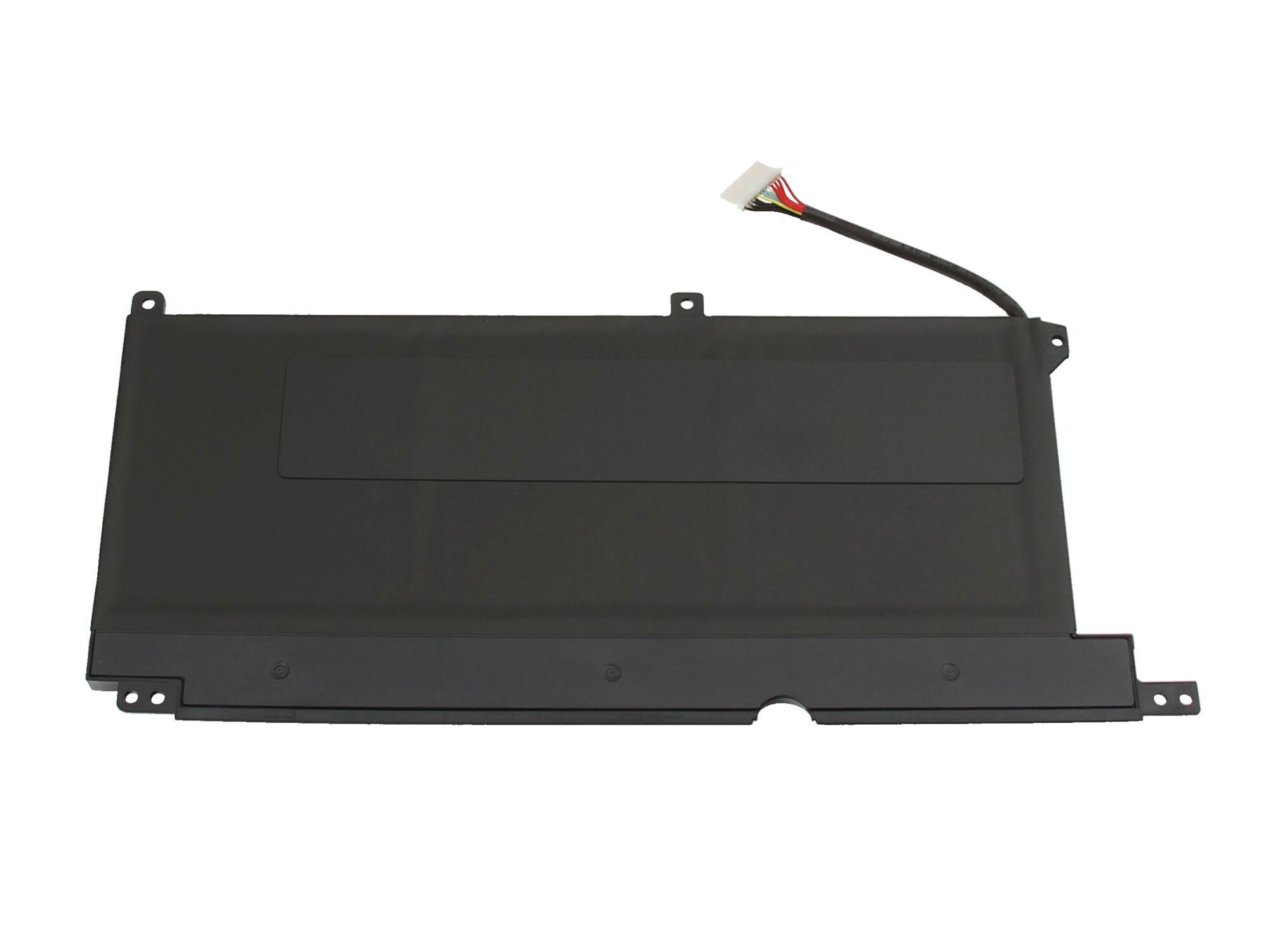 Ein schwarzer rechteckiger Laptop-Akku mit Kabel und Stecker.