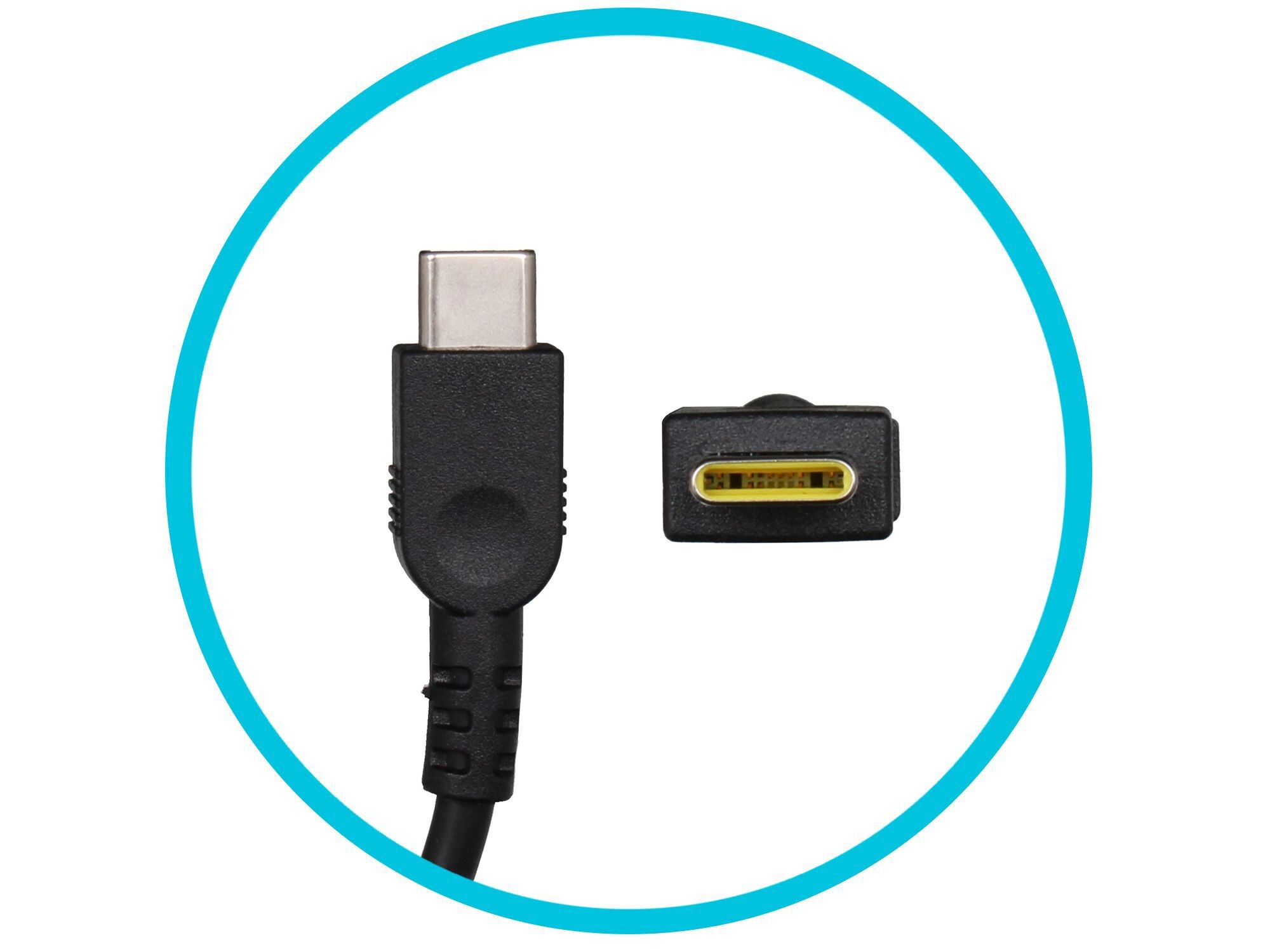 Schwarzes USB-C-Kabel mit rechteckigem Stecker, gelbe Innenseite.