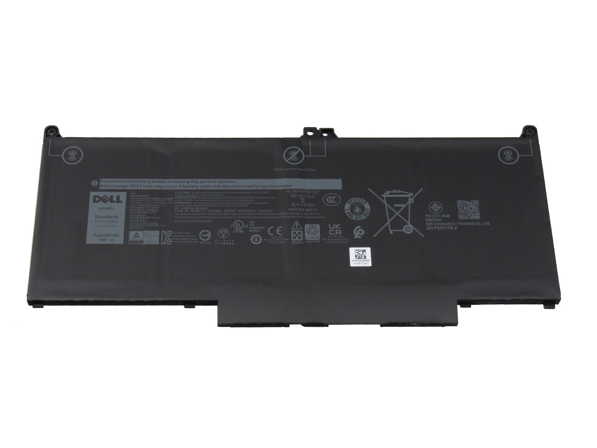 Schwarzer Dell Laptop-Akku mit Etiketten. Es hat eine rechteckige Form.