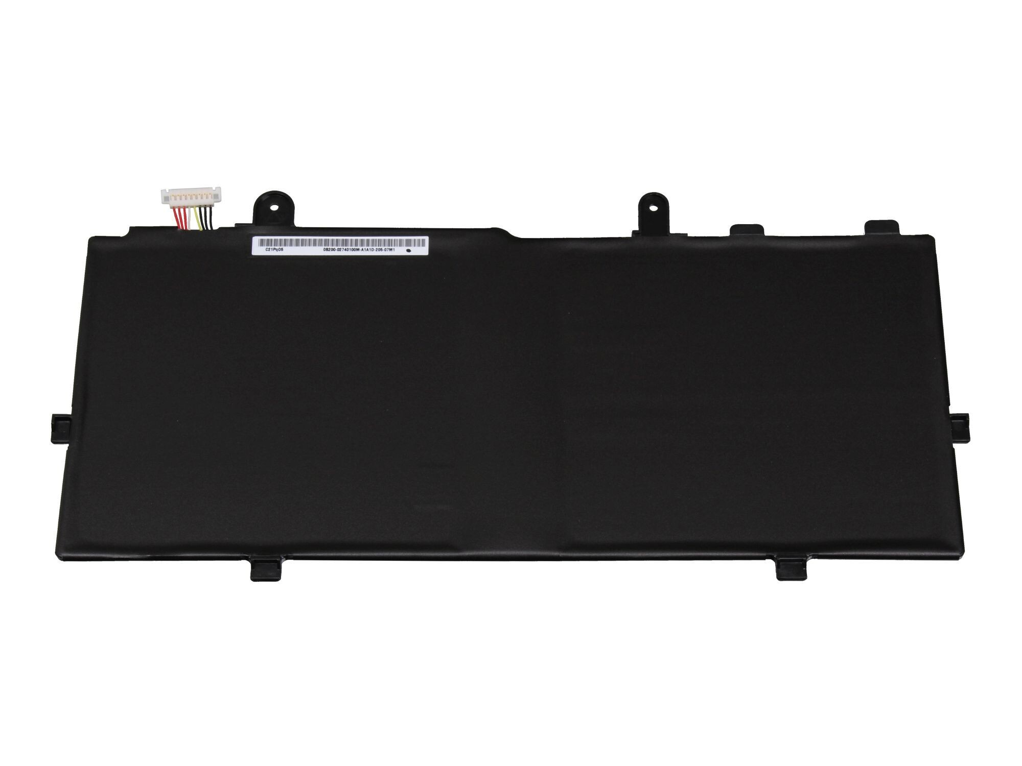 Schwarzer Laptop-Akku mit Stecker, von oben gesehen, auf weißem Hintergrund.