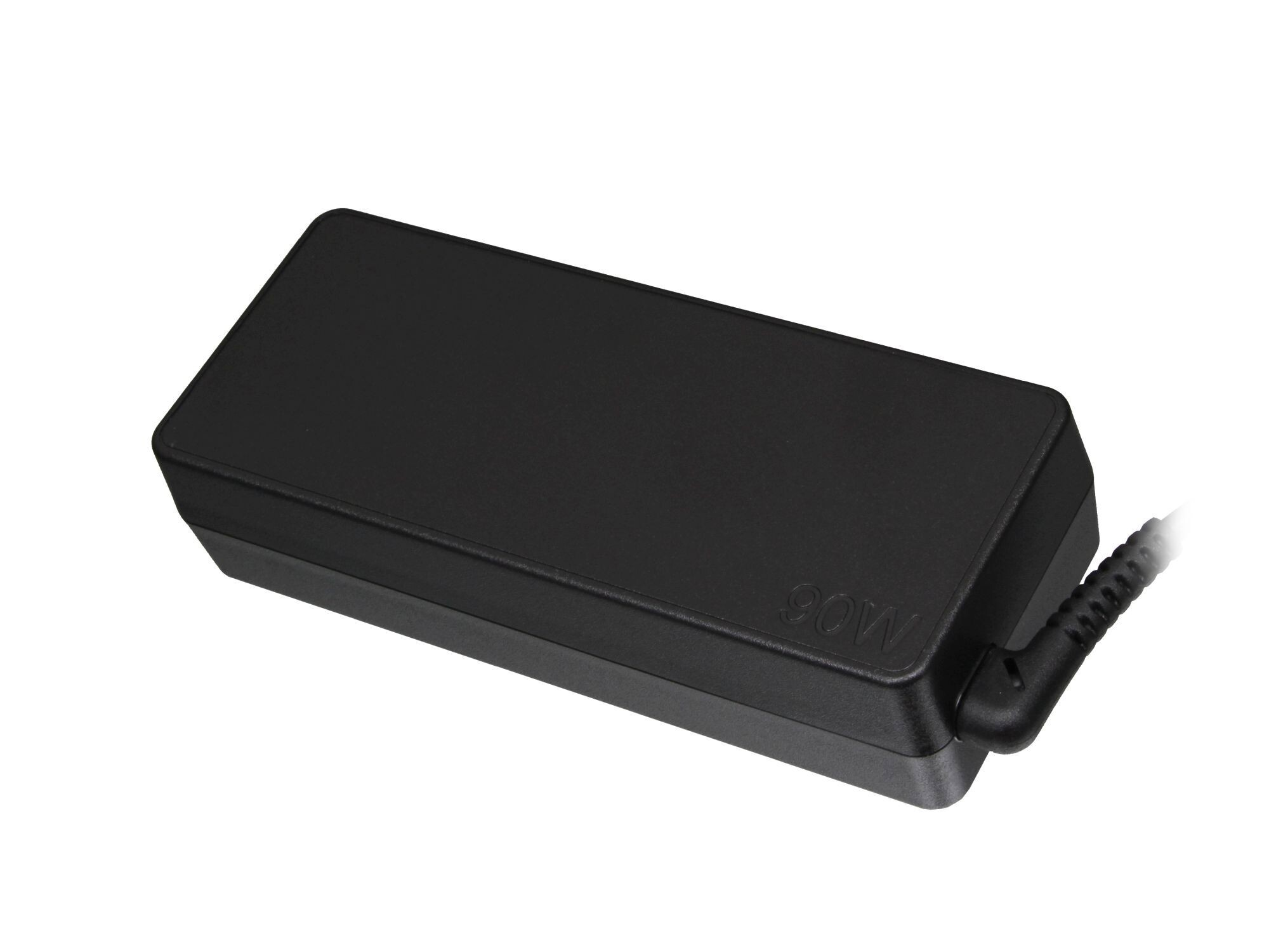 Schwarzes, rechteckiges Laptop-Ladegerät mit 90W-Aufkleber. Es hat ein gebogenes Ende und ein schwarzes Kabel.