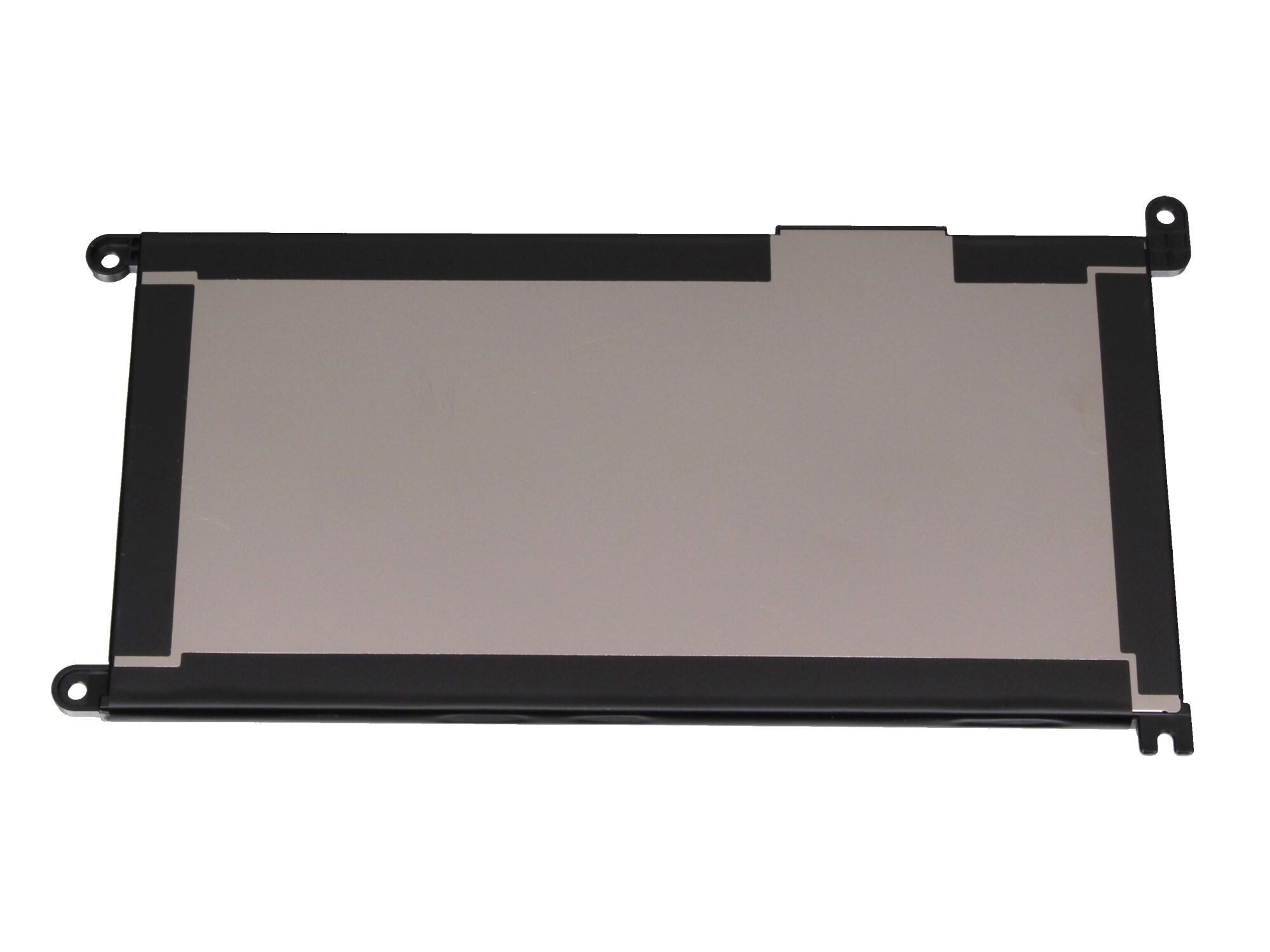 Schwarzer Laptop-Akku. Rechteckig, mit grauem Mittelteil und schwarzen Rändern.