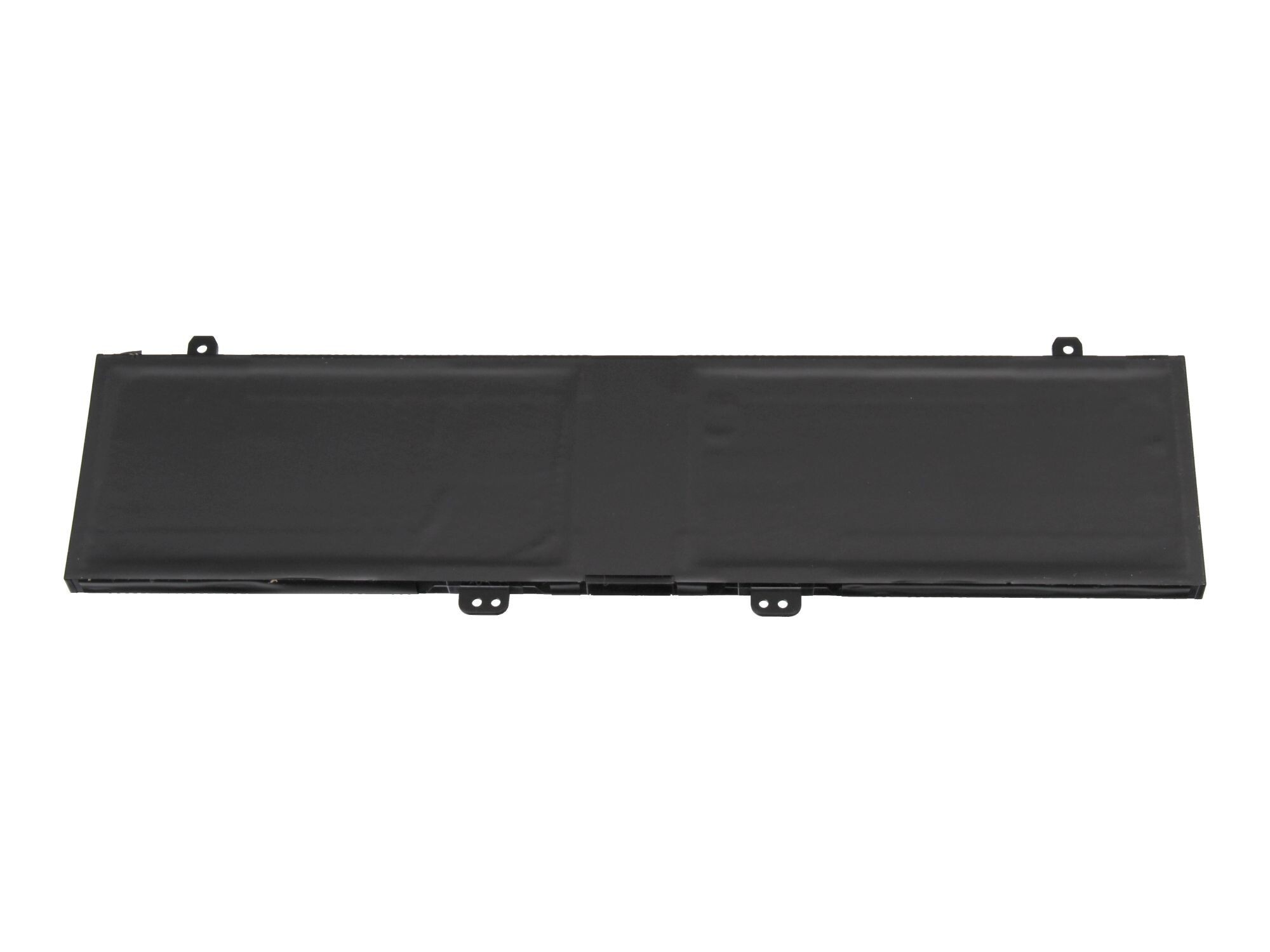 Schwarzer rechteckiger Laptop-Akku auf weißer Oberfläche.