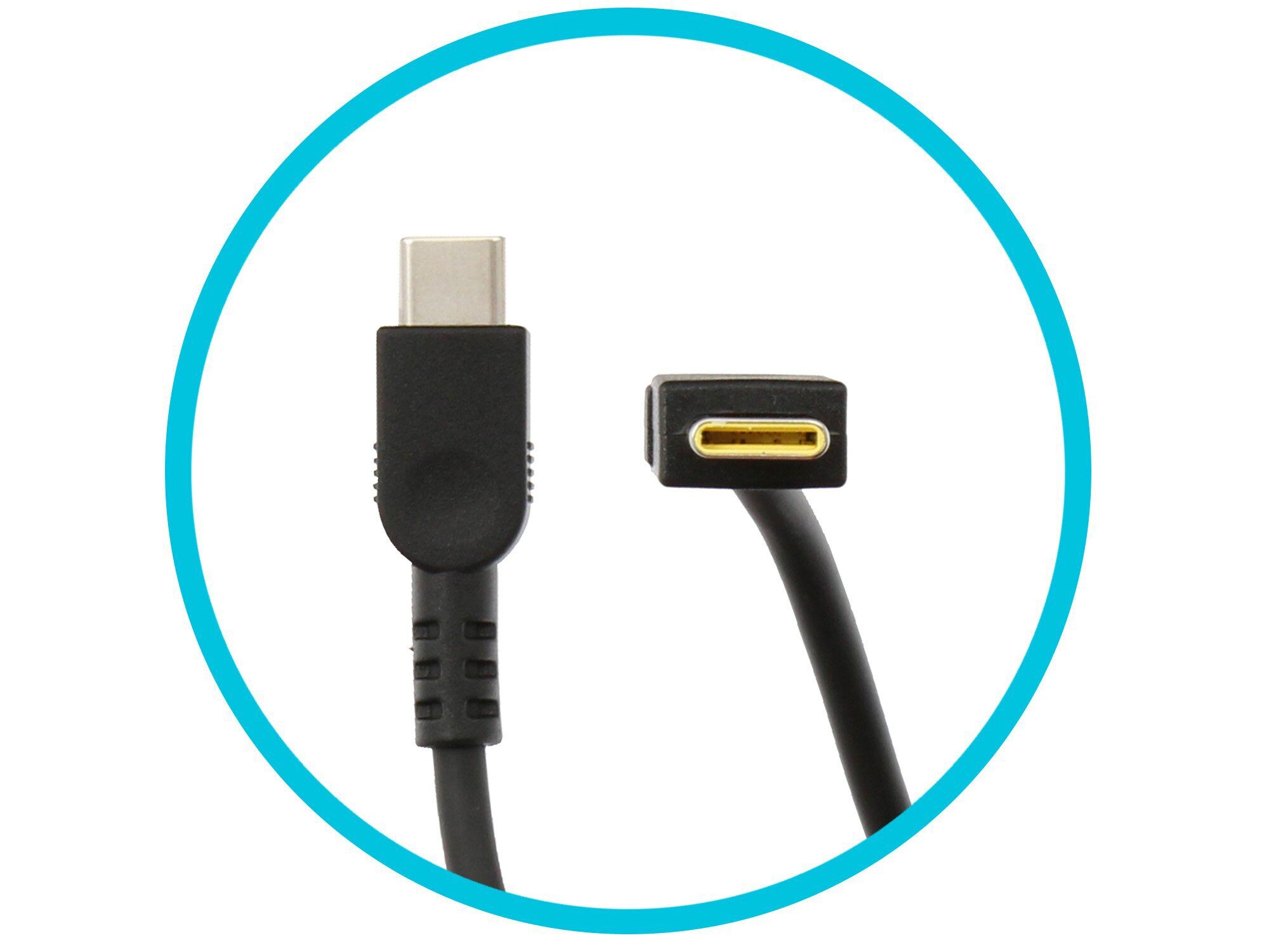 Schwarzes USB-C-Kabel, zwei Enden sichtbar, eins gerade, eins abgewinkelt, im blauen Kreis.