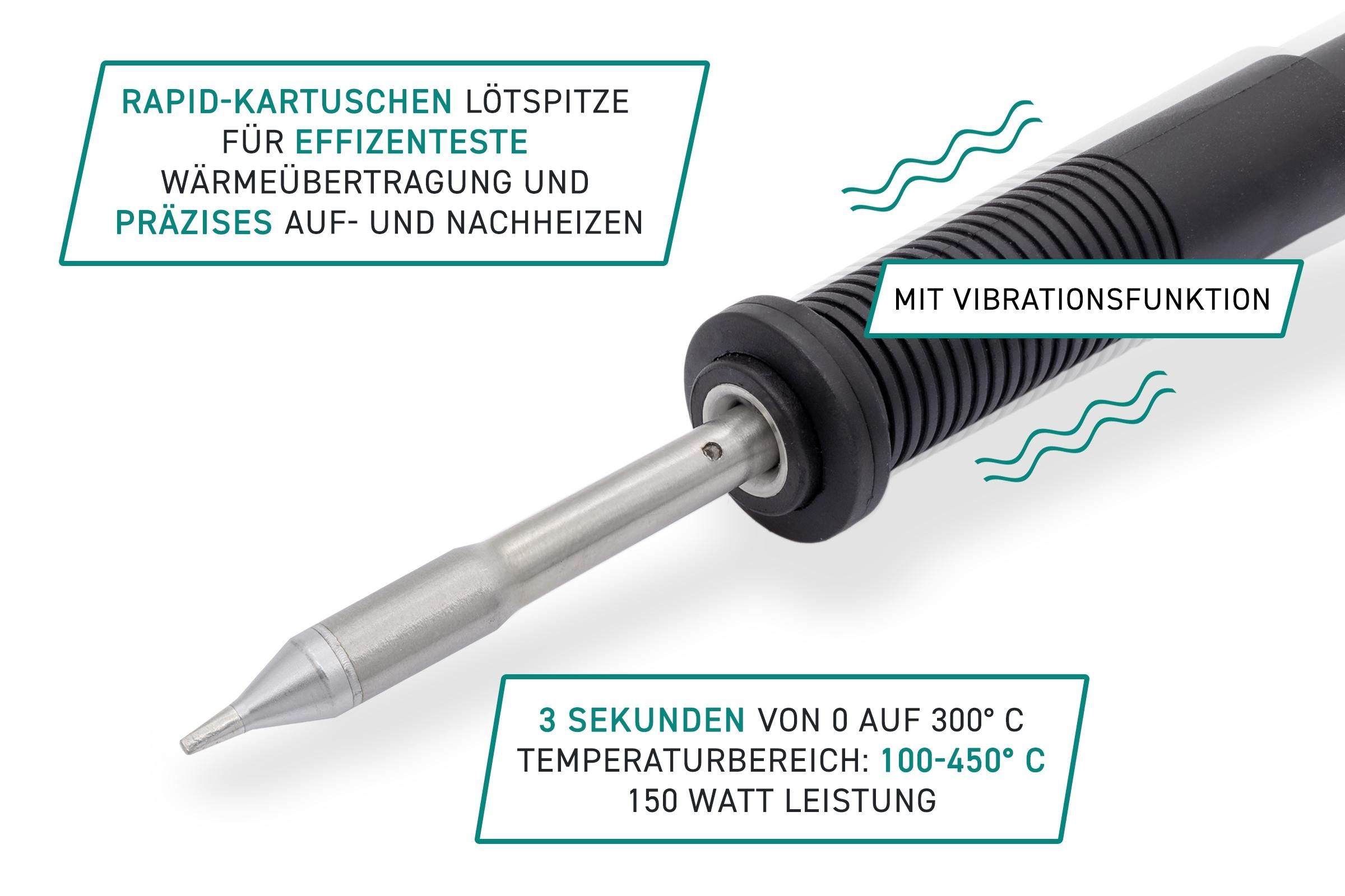 Nahaufnahme eines Lötkolbens, der die Spitze zeigt. Text zeigt Temperatur und Wattzahl.