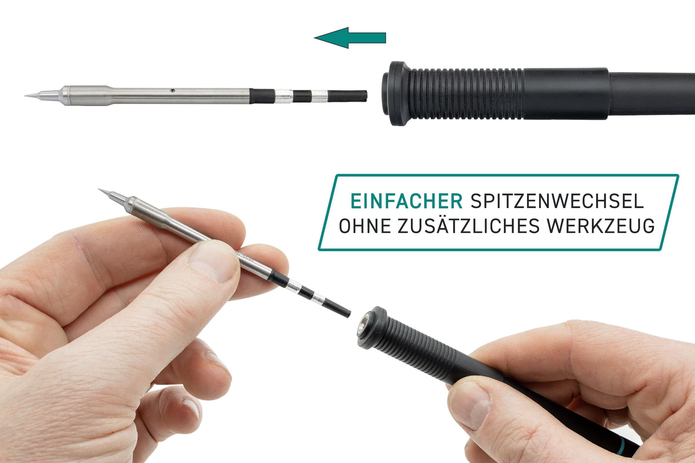 Lötkolbenspitzen-Ersatz. Die Spitze wird eingesetzt. Der Text lautet Easy Tip Replacement.
