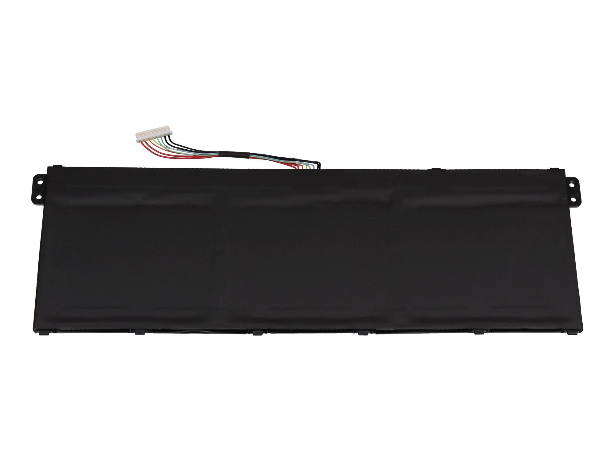 Ein schwarzer Laptop-Akku mit einem Anschluss und einigen Drähten auf weißem Untergrund.