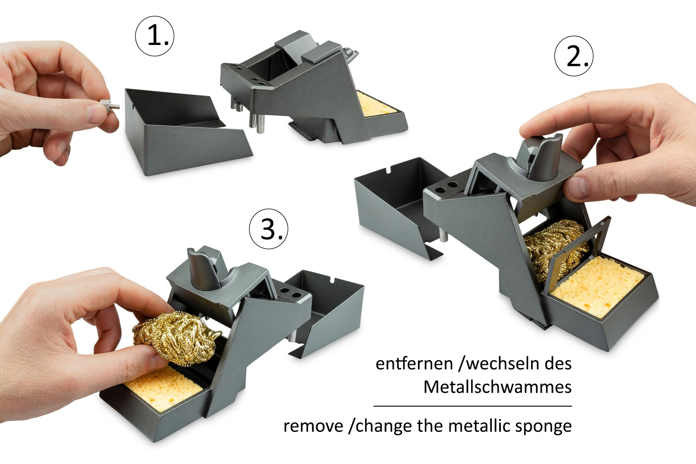 Dreistufiges Bild, das zeigt, wie man einen Metallschwamm entfernt/austauscht.