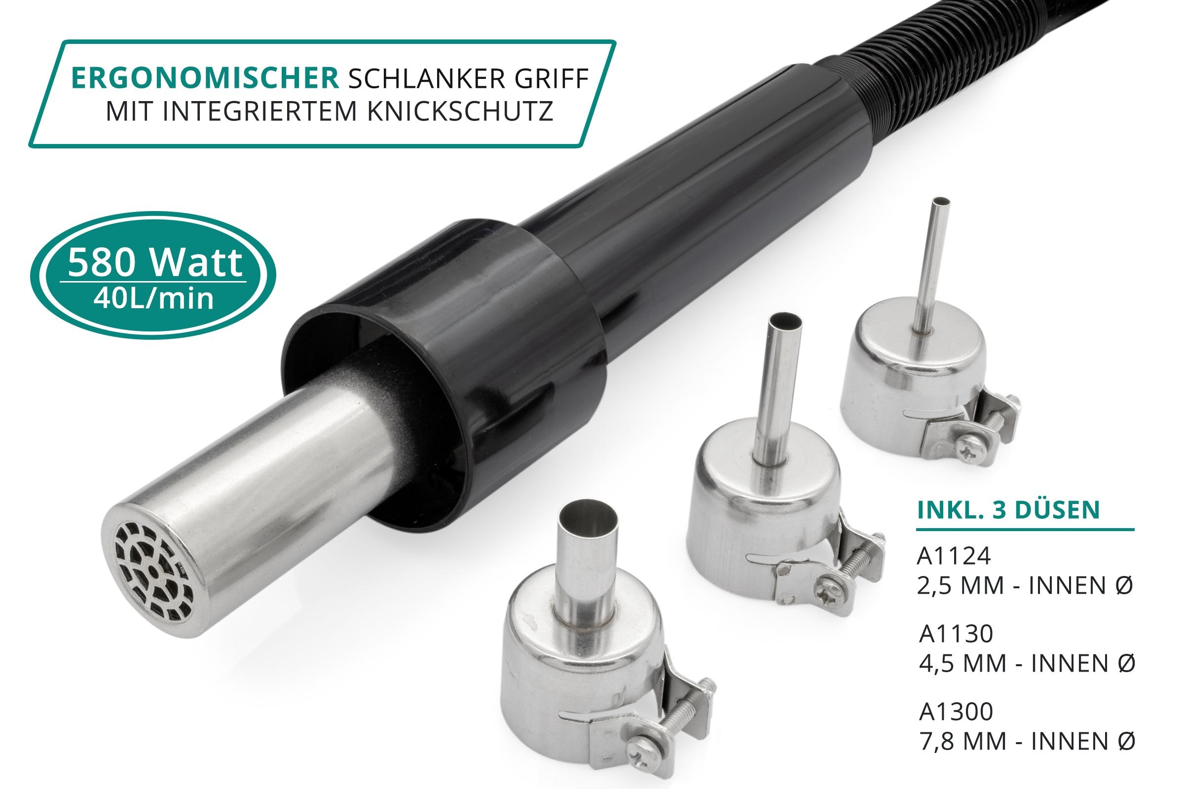 Eine schwarze Heißluftpistole mit drei Düsen. Der Text lautet: Ergonomischer Griff mit integriertem Knickschutz.