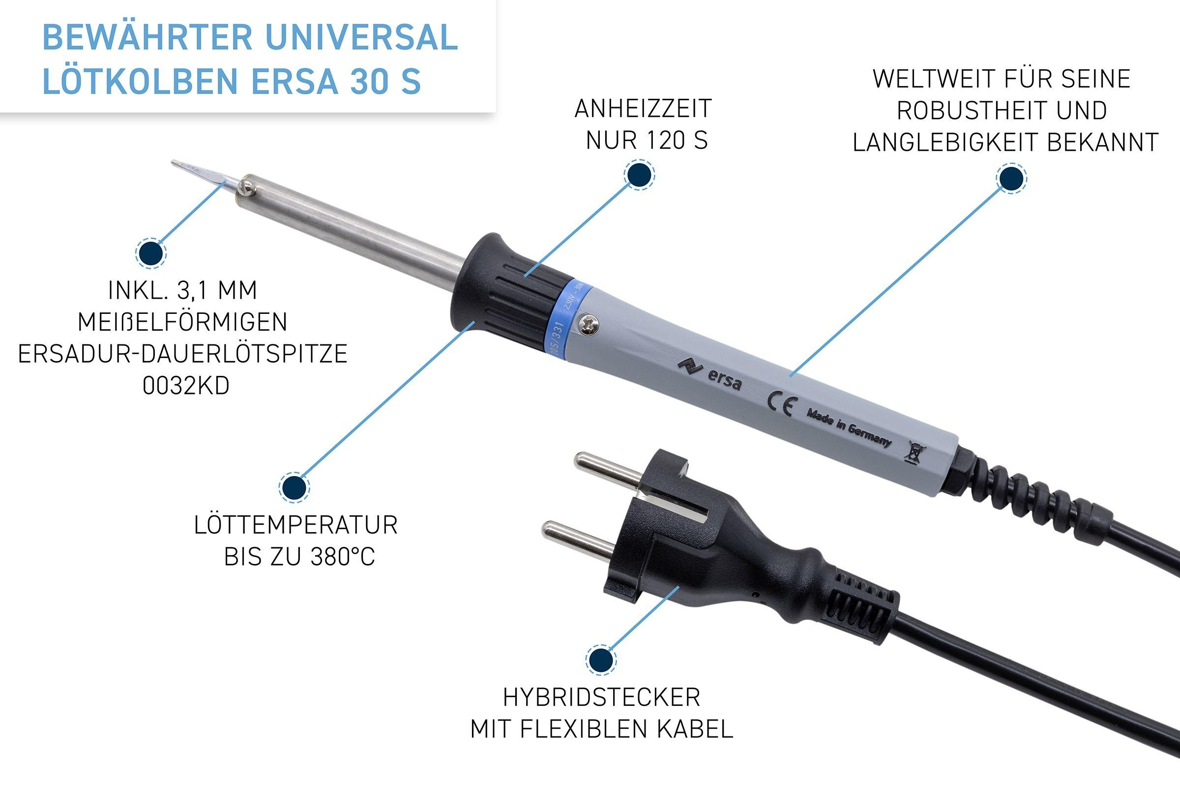 Lötkolben mit Textetiketten. Das Eisen ist grau, schwarz und blau. Hat ein schwarzes Kabel.