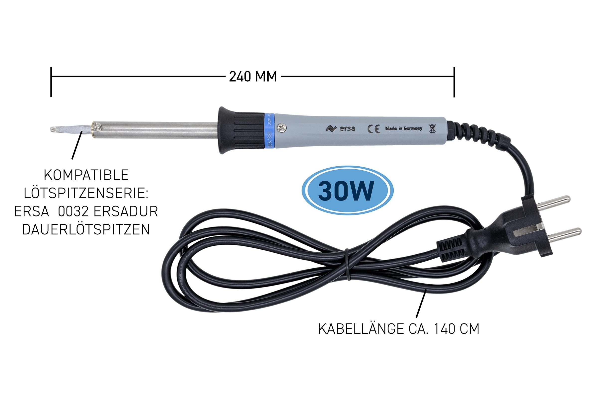 Lötkolben mit Messungen. Enthält ein 30-W-Etikett, Kabel und Stecker mit deutschem Text.