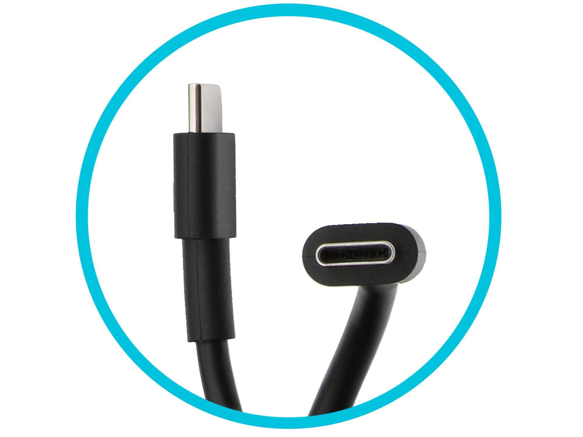 Schwarze USB-C-Kabelanschlüsse, einer gerade, einer abgewinkelt.
